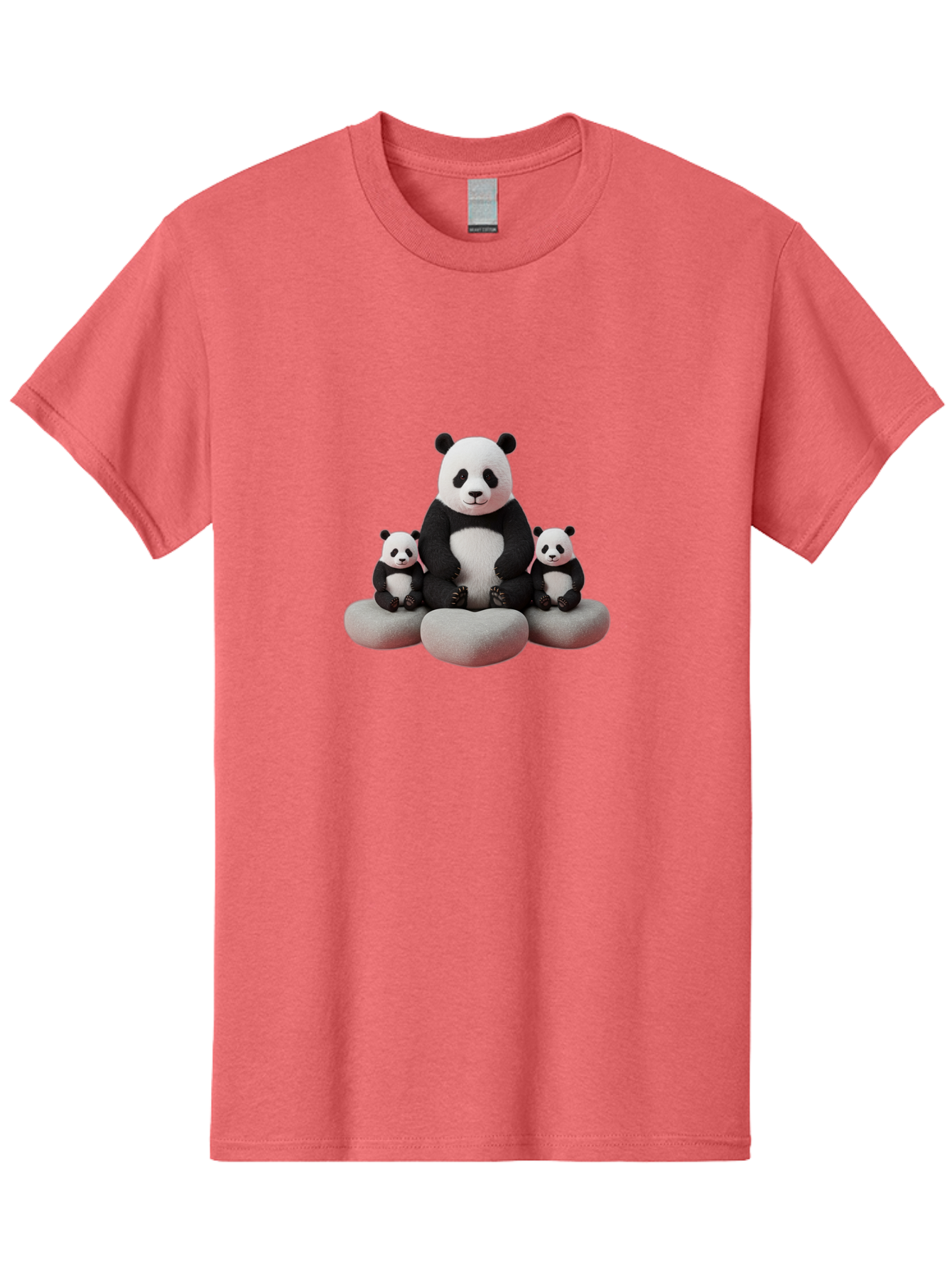 Panda-Family-1 Men'S Graphic Tee, 100% Cotton, Comfortable Casual Summer Wear, Machine Washable, Panda Bear, Panda Cubs, Family Portrait, Cute Animals, Adorable Creatures, Black And White Fur, Sitting On Rocks, Tender Moment, Bae586
