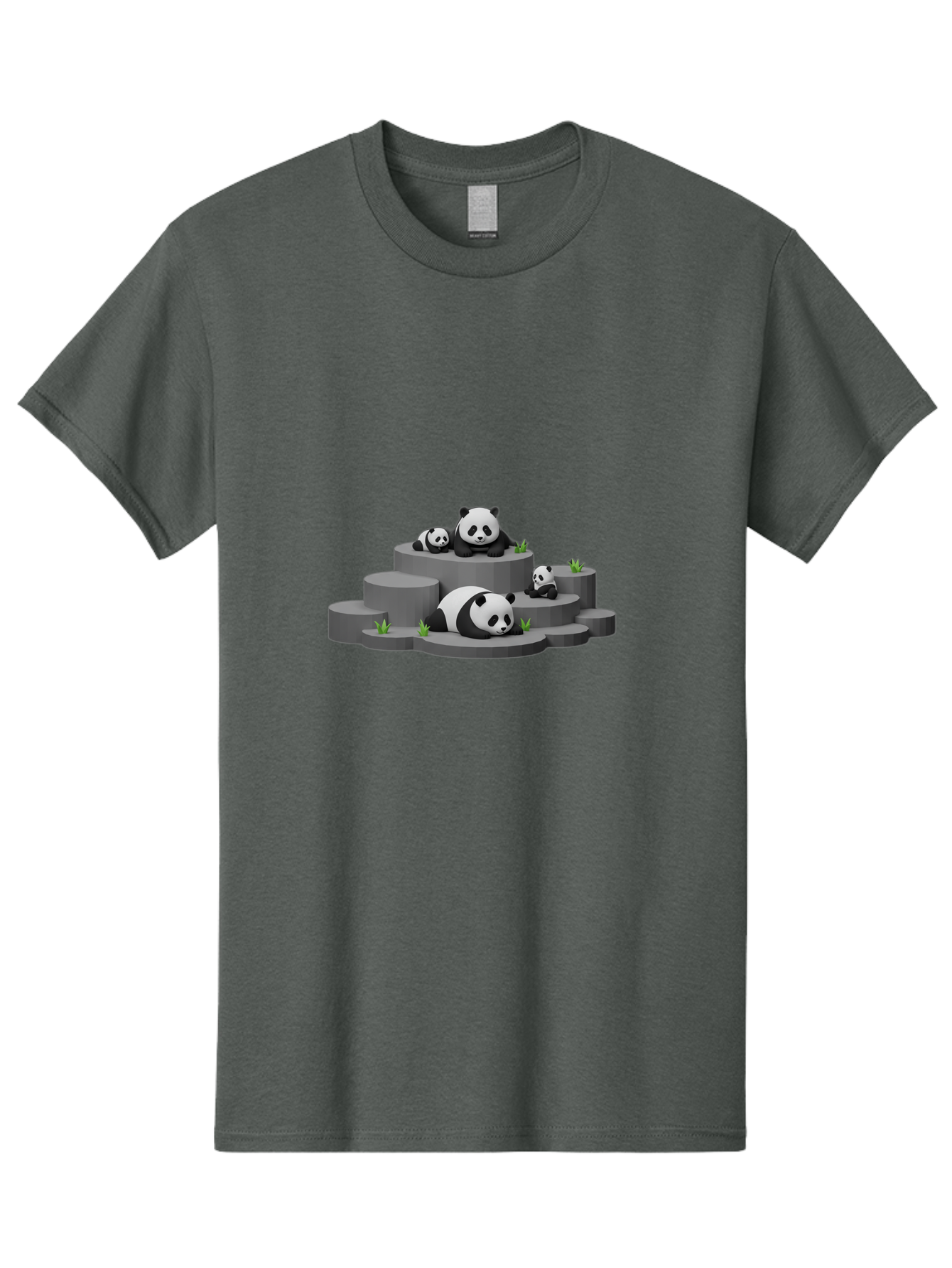 Panda-Family-2 Men'S Graphic Tee, 100% Cotton, Comfortable Casual Summer Wear, Machine Washable, Panda Bears, Family Portrait, Cute Animals, 3D Rendering, Panda Cubs, Gray Platforms, Green Plants, Cartoon Style, Adorable Creatures, Bae587