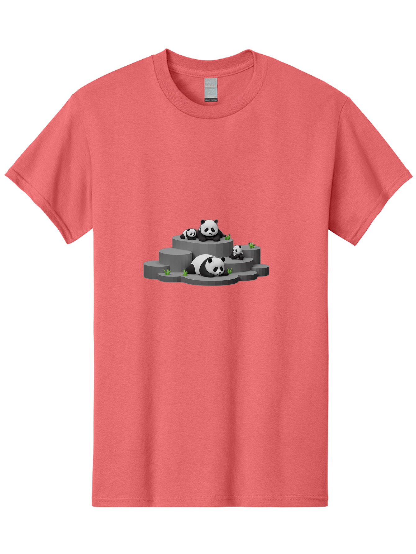 Panda-Family-2 Men'S Graphic Tee, 100% Cotton, Comfortable Casual Summer Wear, Machine Washable, Panda Bears, Family Portrait, Cute Animals, 3D Rendering, Panda Cubs, Gray Platforms, Green Plants, Cartoon Style, Adorable Creatures, Bae587