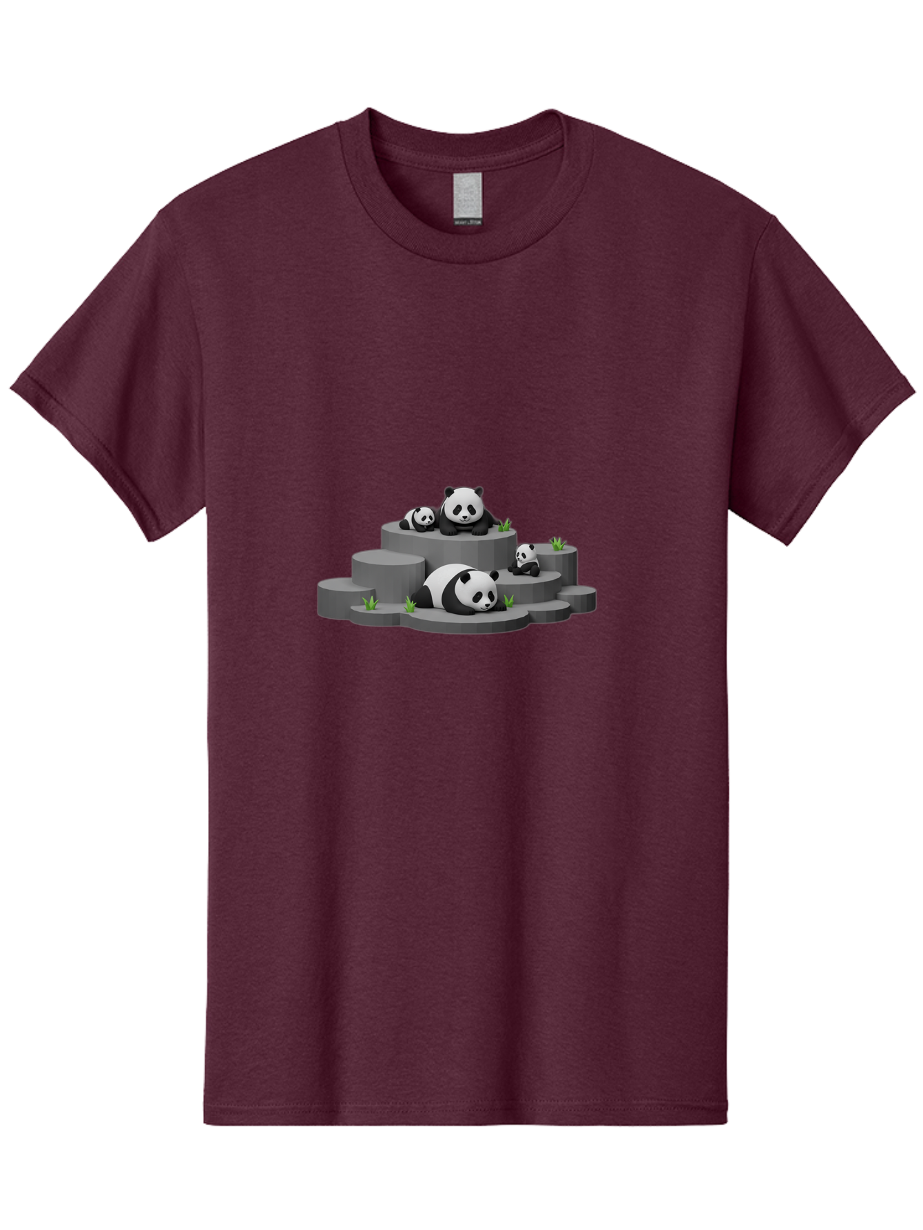 Panda-Family-2 Men'S Graphic Tee, 100% Cotton, Comfortable Casual Summer Wear, Machine Washable, Panda Bears, Family Portrait, Cute Animals, 3D Rendering, Panda Cubs, Gray Platforms, Green Plants, Cartoon Style, Adorable Creatures, Bae587