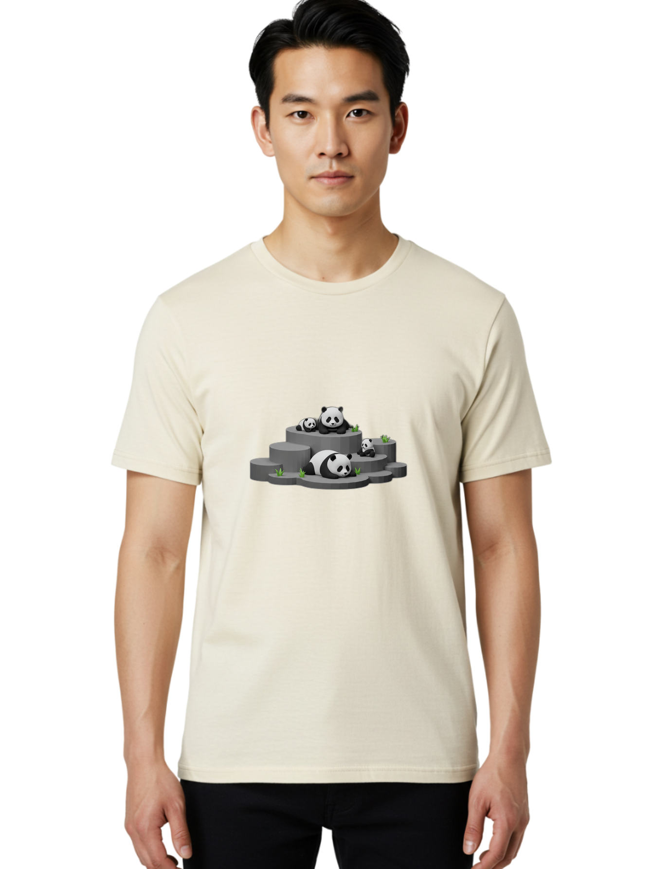 Panda-Family-2 Men'S Graphic Tee, 100% Cotton, Comfortable Casual Summer Wear, Machine Washable, Panda Bears, Family Portrait, Cute Animals, 3D Rendering, Panda Cubs, Gray Platforms, Green Plants, Cartoon Style, Adorable Creatures, Bae587