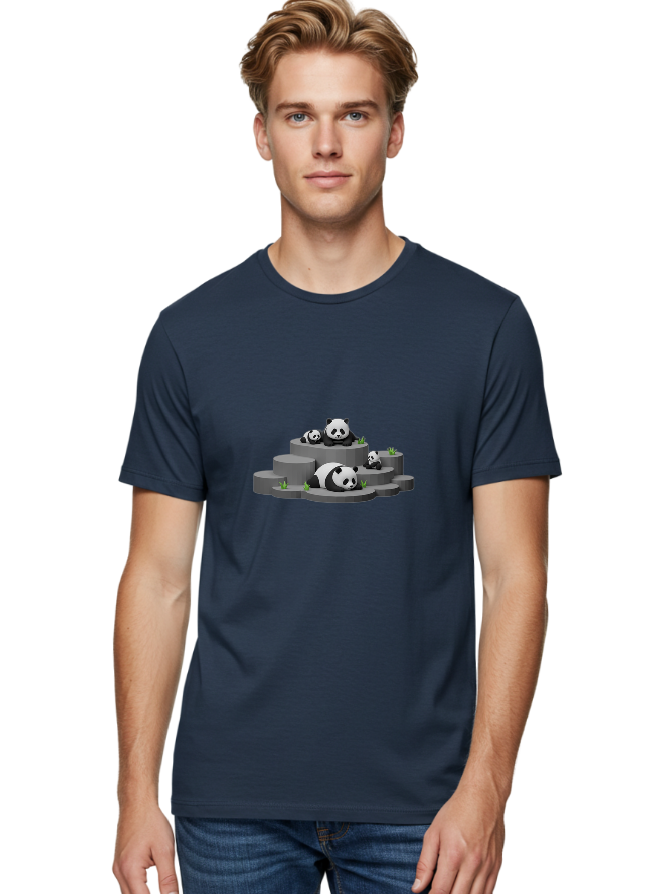 Panda-Family-2 Men'S Graphic Tee, 100% Cotton, Comfortable Casual Summer Wear, Machine Washable, Panda Bears, Family Portrait, Cute Animals, 3D Rendering, Panda Cubs, Gray Platforms, Green Plants, Cartoon Style, Adorable Creatures, Bae587