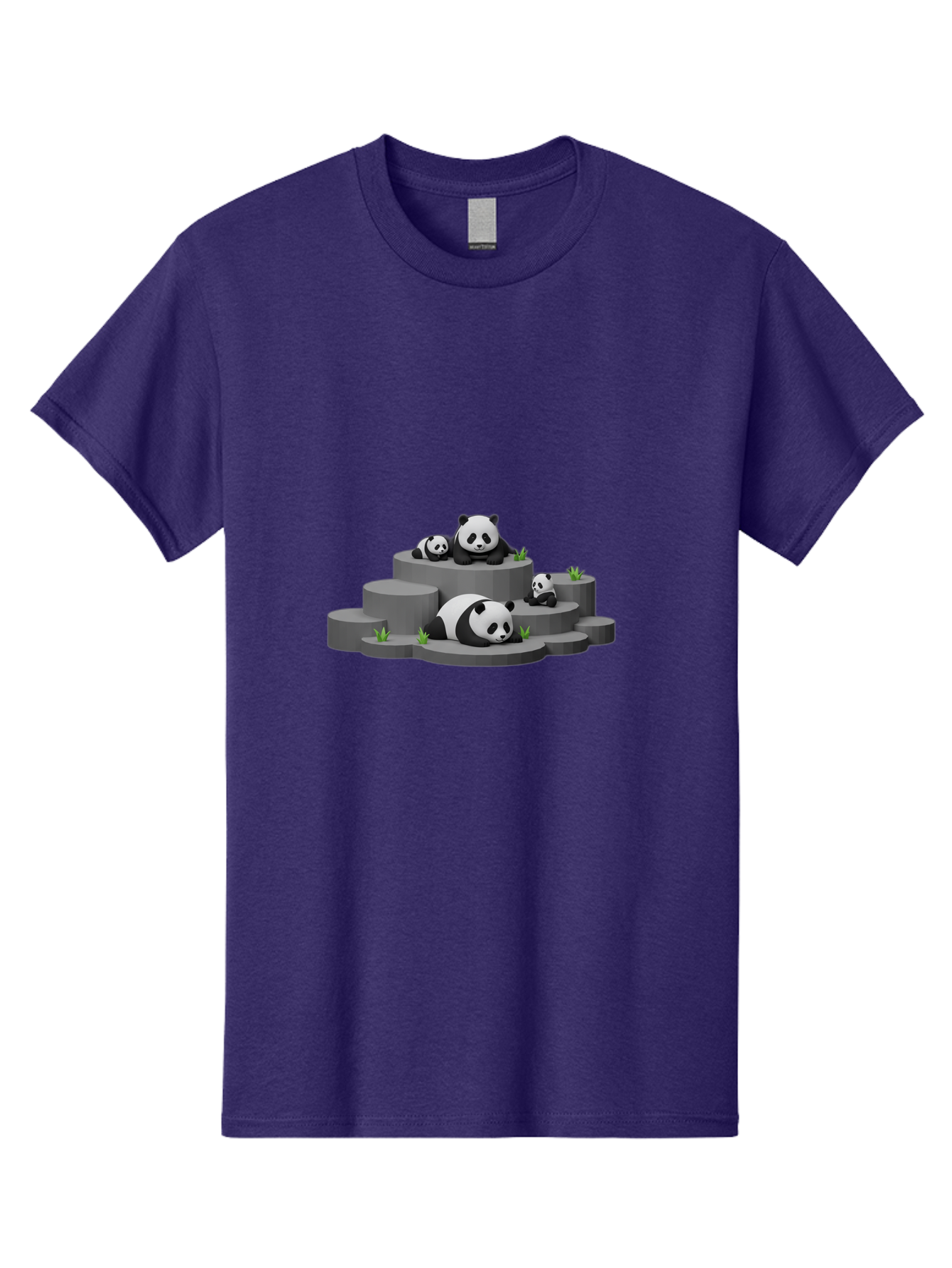Panda-Family-2 Men'S Graphic Tee, 100% Cotton, Comfortable Casual Summer Wear, Machine Washable, Panda Bears, Family Portrait, Cute Animals, 3D Rendering, Panda Cubs, Gray Platforms, Green Plants, Cartoon Style, Adorable Creatures, Bae587