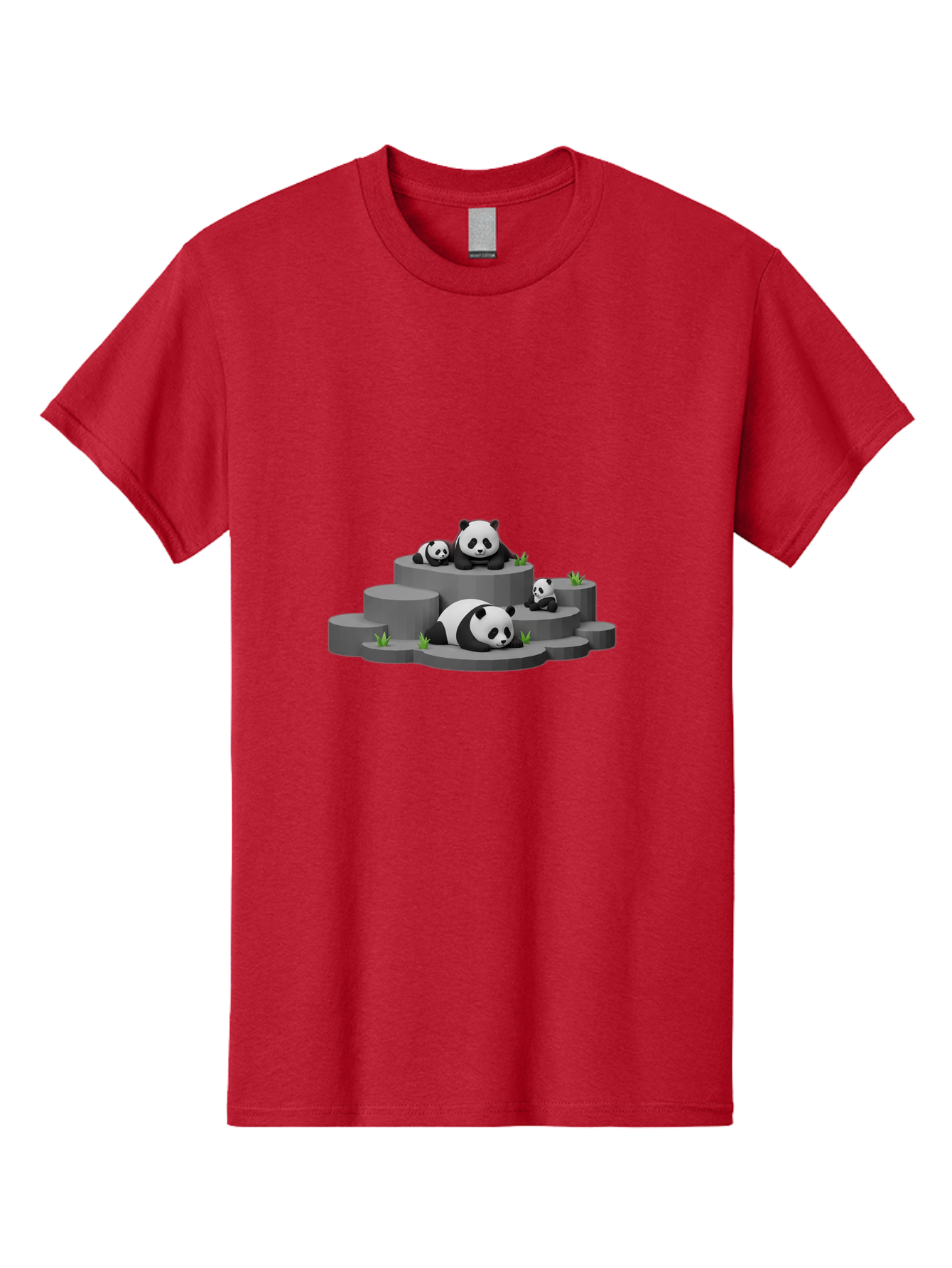 Panda-Family-2 Men'S Graphic Tee, 100% Cotton, Comfortable Casual Summer Wear, Machine Washable, Panda Bears, Family Portrait, Cute Animals, 3D Rendering, Panda Cubs, Gray Platforms, Green Plants, Cartoon Style, Adorable Creatures, Bae587