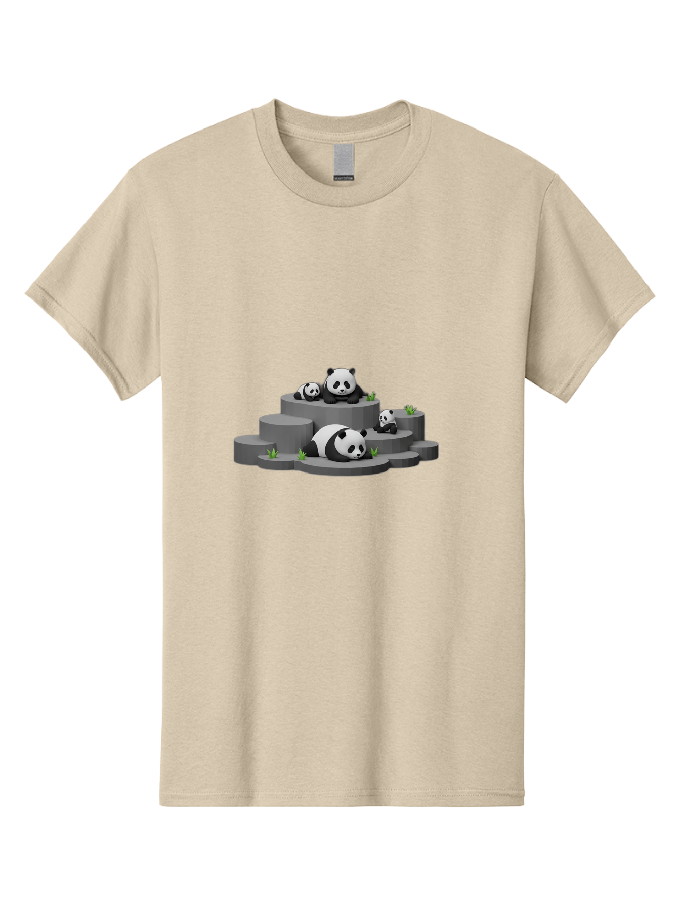Panda-Family-2 Men'S Graphic Tee, 100% Cotton, Comfortable Casual Summer Wear, Machine Washable, Panda Bears, Family Portrait, Cute Animals, 3D Rendering, Panda Cubs, Gray Platforms, Green Plants, Cartoon Style, Adorable Creatures, Bae587