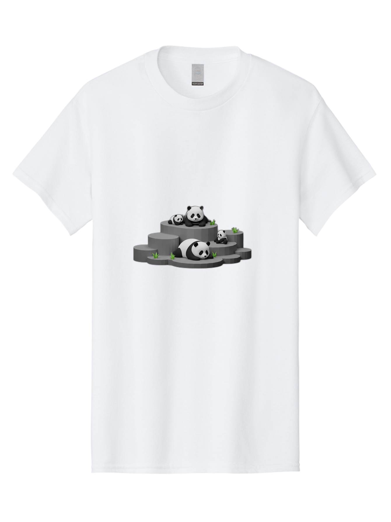 Panda-Family-2 Men'S Graphic Tee, 100% Cotton, Comfortable Casual Summer Wear, Machine Washable, Panda Bears, Family Portrait, Cute Animals, 3D Rendering, Panda Cubs, Gray Platforms, Green Plants, Cartoon Style, Adorable Creatures, Bae587