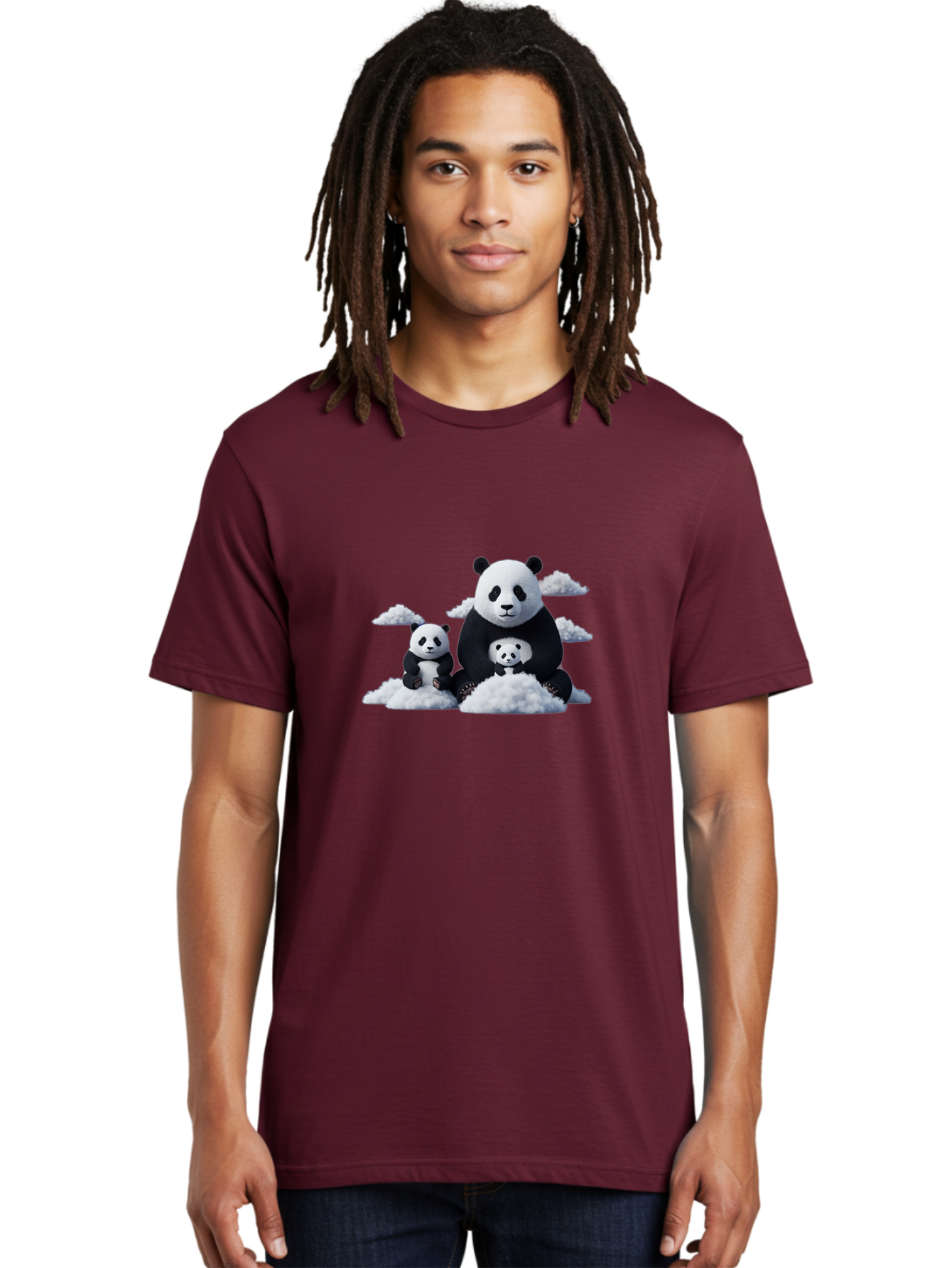Panda-Family-3 Men'S Graphic Tee, 100% Cotton, Comfortable Casual Summer Wear, Machine Washable, Panda Bear Family, Giant Panda, Cute Pandas, Cartoon Style, Fluffy Clouds, Black And White, Adorable Animals, Happy Family, Digital Art, Bae588