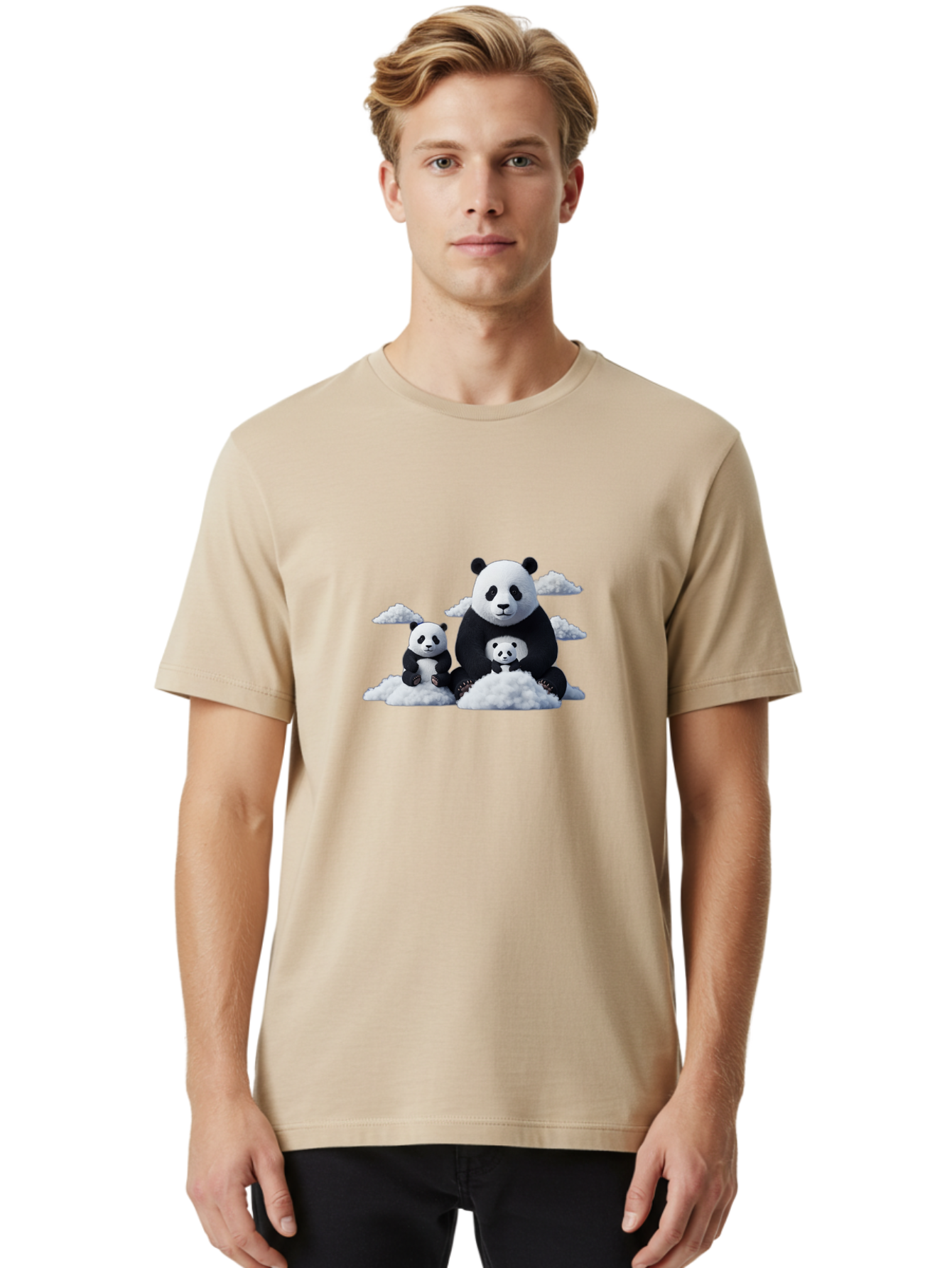Panda-Family-3 Men'S Graphic Tee, 100% Cotton, Comfortable Casual Summer Wear, Machine Washable, Panda Bear Family, Giant Panda, Cute Pandas, Cartoon Style, Fluffy Clouds, Black And White, Adorable Animals, Happy Family, Digital Art, Bae588
