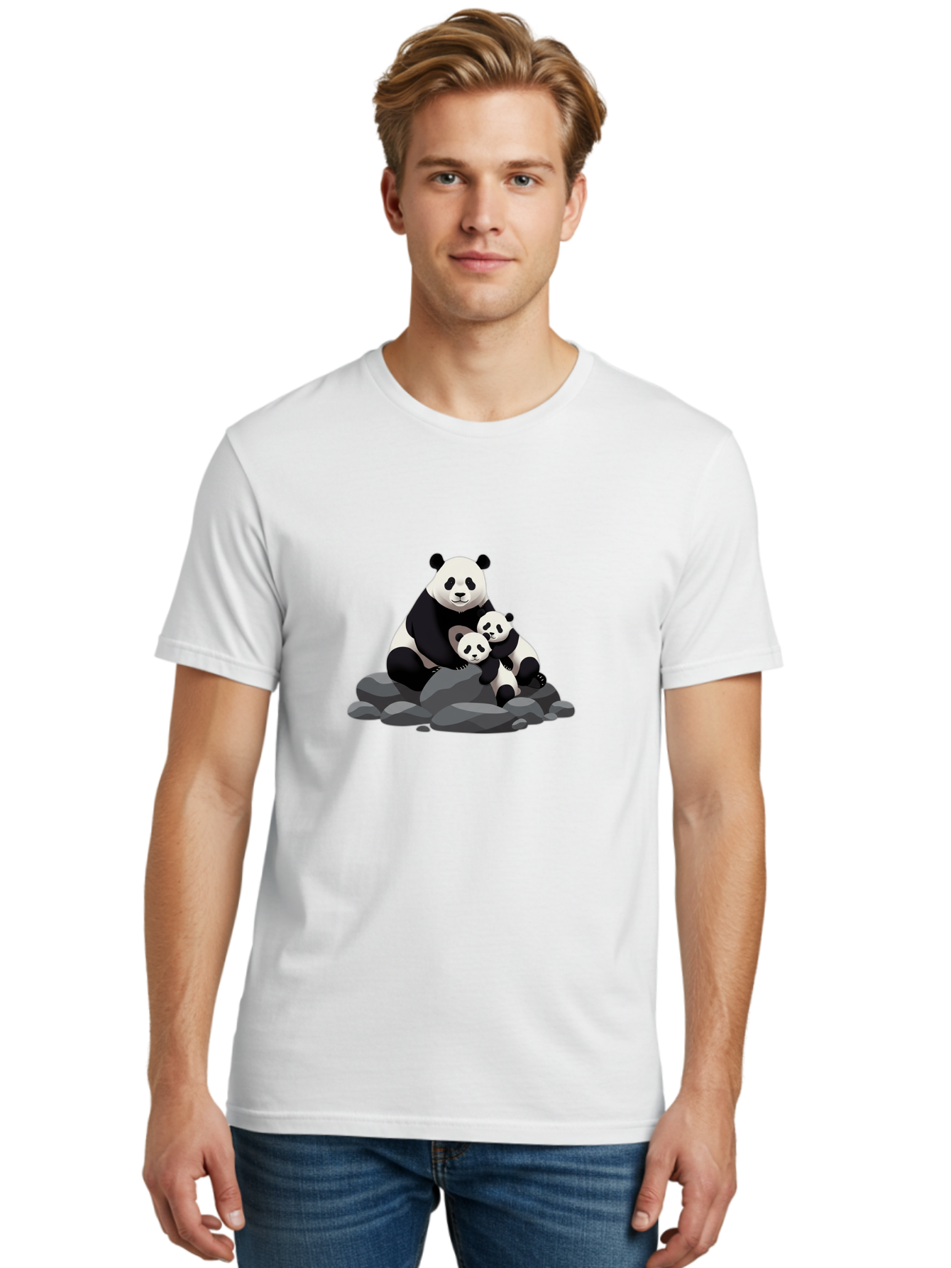 Panda-Family Men'S Graphic Tee, 100% Cotton, Comfortable Casual Summer Wear, Machine Washable, Panda Bear, Mother Panda, Panda Cubs, Adorable Family, Cartoon Illustration, Wildlife Art, Black And White Pandas, Cute Animals, Tender Moment, Bae591