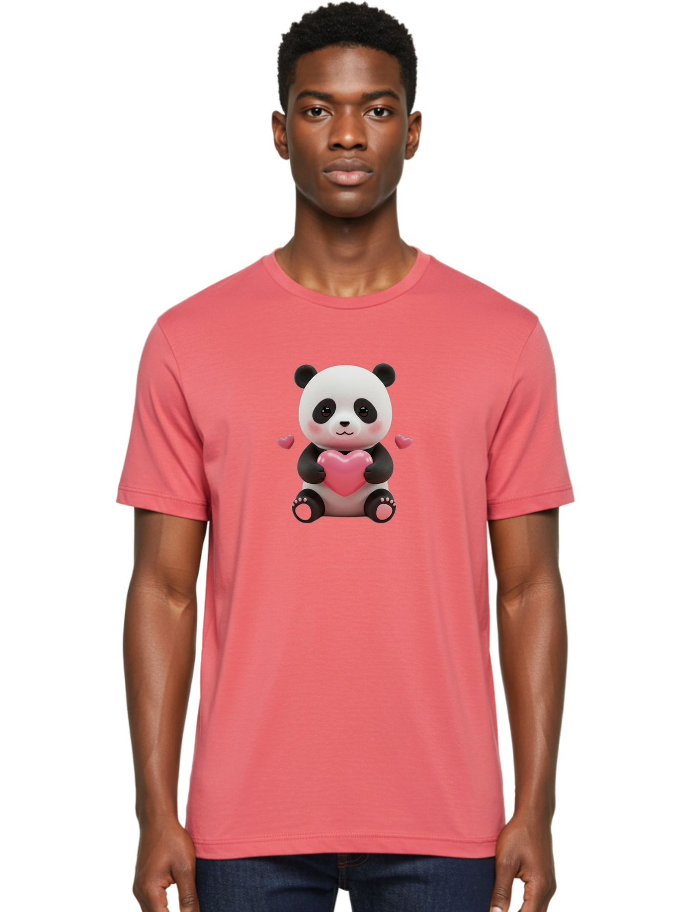 Panda-Holding-Heart-1 Men'S Graphic Tee, 100% Cotton, Comfortable Casual Summer Wear, Machine Washable, Cartoon Panda Holding Heart, Cute Panda Bear, Pink Hearts, Adorable Design, Kawaii Character, Love Symbol, Digital Illustration, Bae592