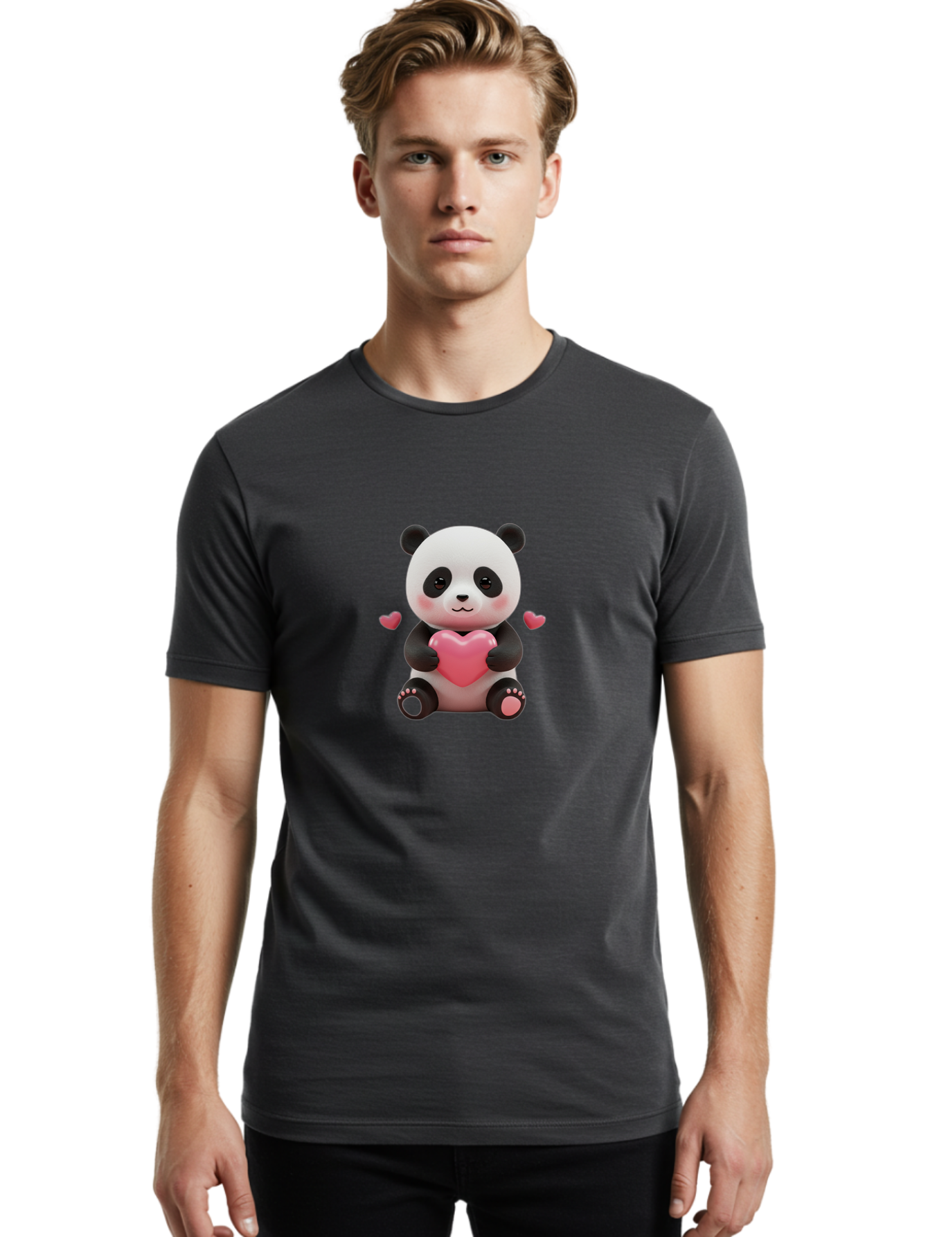 Panda-Holding-Heart-1 Men'S Graphic Tee, 100% Cotton, Comfortable Casual Summer Wear, Machine Washable, Cartoon Panda Holding Heart, Cute Panda Bear, Pink Hearts, Adorable Design, Kawaii Character, Love Symbol, Digital Illustration, Bae592