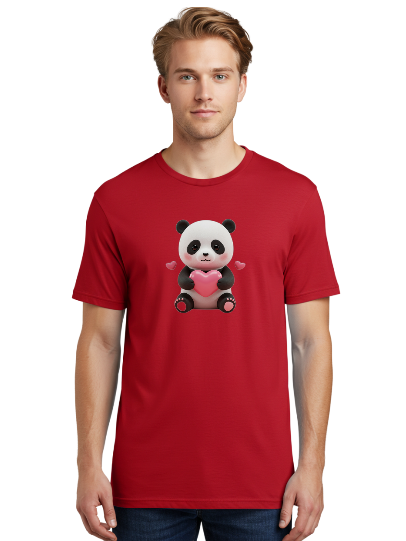 Panda-Holding-Heart-1 Men'S Graphic Tee, 100% Cotton, Comfortable Casual Summer Wear, Machine Washable, Cartoon Panda Holding Heart, Cute Panda Bear, Pink Hearts, Adorable Design, Kawaii Character, Love Symbol, Digital Illustration, Bae592