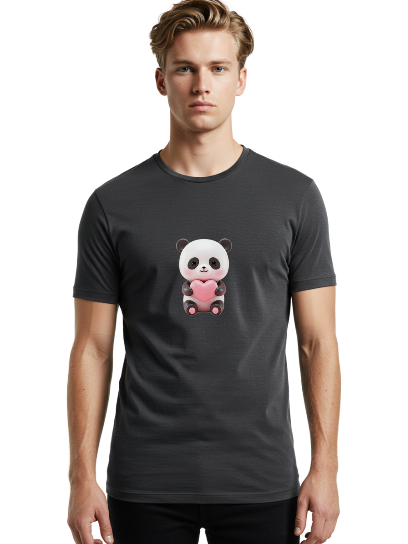 Panda-Holding-Heart-2 Men'S Graphic Tee, 100% Cotton, Comfortable Casual Summer Wear, Machine Washable, Cartoon Panda, Cute Animal, Pink Heart, Adorable Bear, Kawaii Character, Love Symbol, Black And White Panda, Heartwarming Scene, Bae593