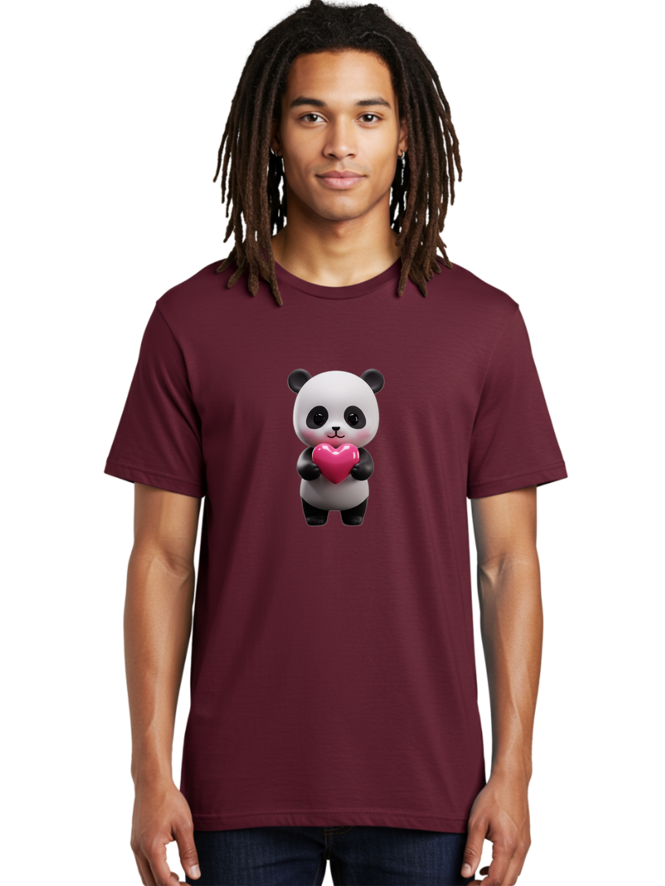 Panda-Holding-Heart-3 Men'S Graphic Tee, 100% Cotton, Comfortable Casual Summer Wear, Machine Washable, Cartoon Panda, Adorable Animal, Cute Bear, Heart Shape, Love Symbol, Pink Heart, 3D Rendering, Kawaii Character, Endearing Creature Bae594