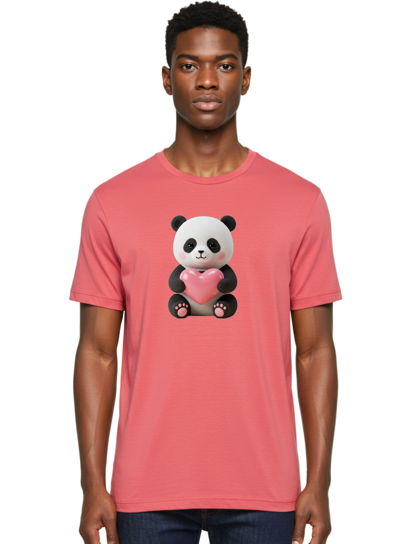 Panda-Holding-Heart-4 Men'S Graphic Tee, 100% Cotton, Comfortable Casual Summer Wear, Machine Washable, Cute Panda, Adorable Animal, Pink Heart, Love Symbol, Cartoon Character, Kawaii Design, Fluffy Panda, Heartwarming Scene, Bae595