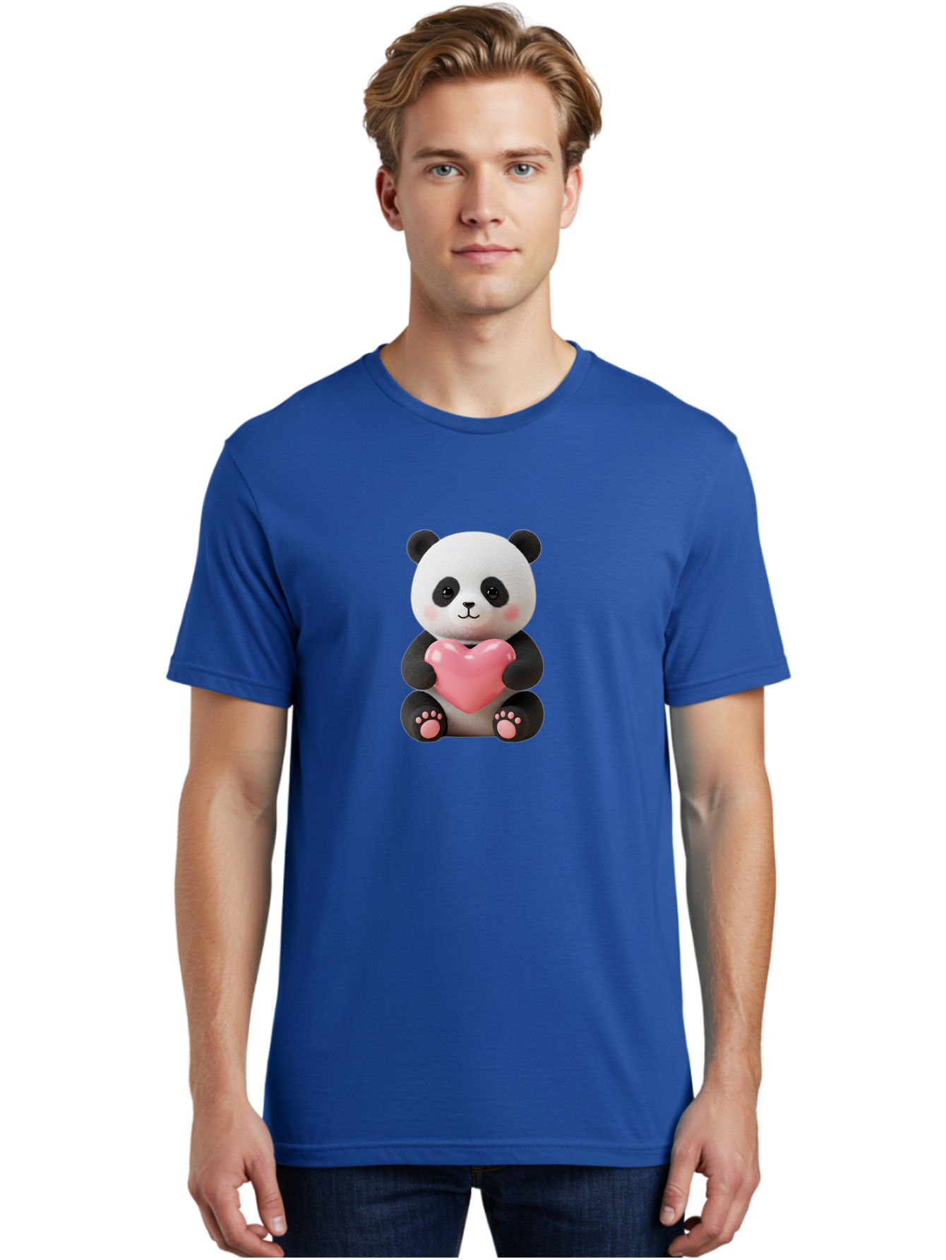 Panda-Holding-Heart-4 Men'S Graphic Tee, 100% Cotton, Comfortable Casual Summer Wear, Machine Washable, Cute Panda, Adorable Animal, Pink Heart, Love Symbol, Cartoon Character, Kawaii Design, Fluffy Panda, Heartwarming Scene, Bae595