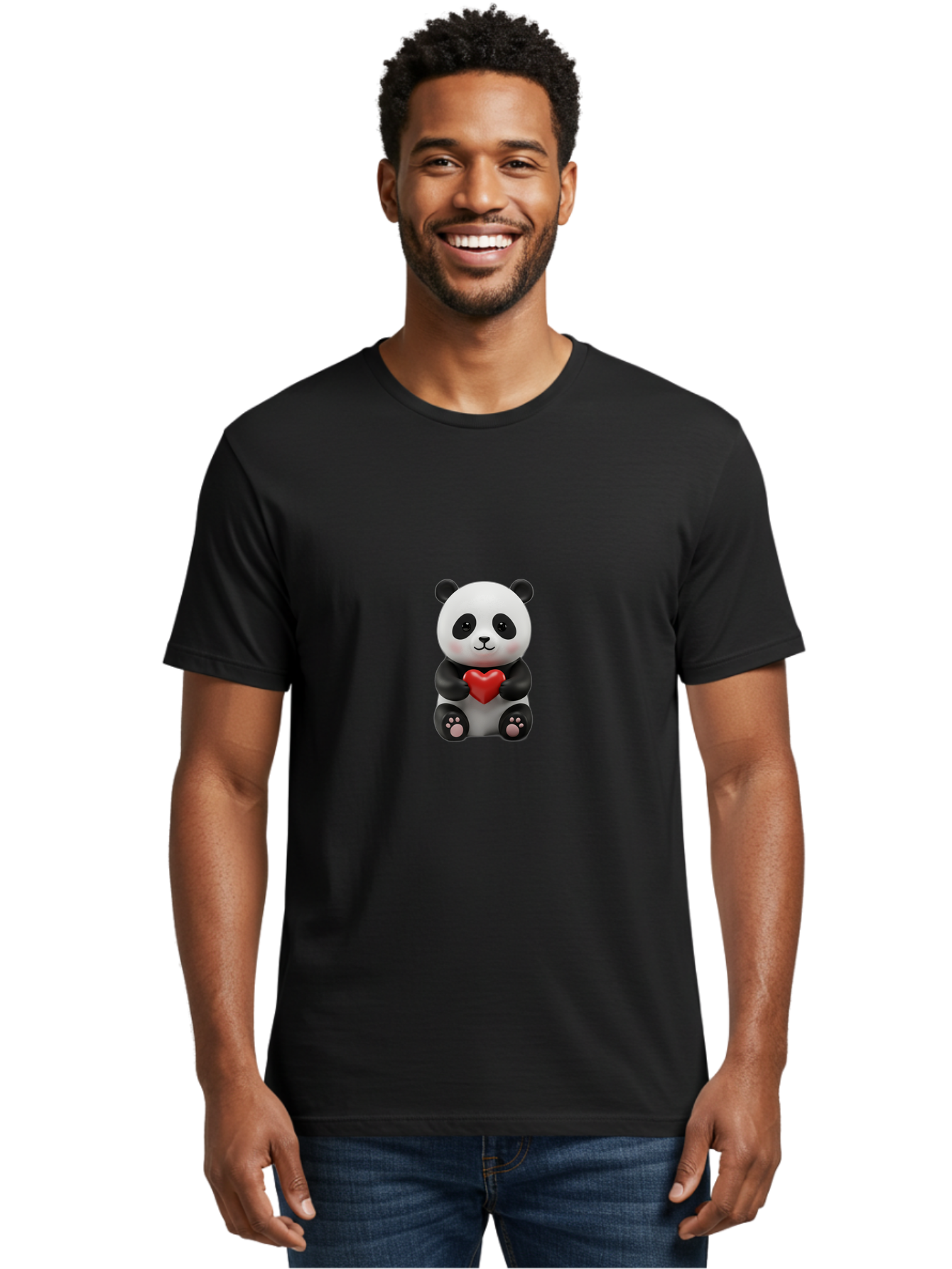 Panda-Holding-Heart-6 Men'S Graphic Tee, 100% Cotton, Comfortable Casual Summer Wear, Machine Washable, Panda Bear, Cartoon Character, Red Heart, Cute Animal, Adorable Creature, Love Symbol, Black And White Panda, 3D Illustration, Kawaii Art, Bae597