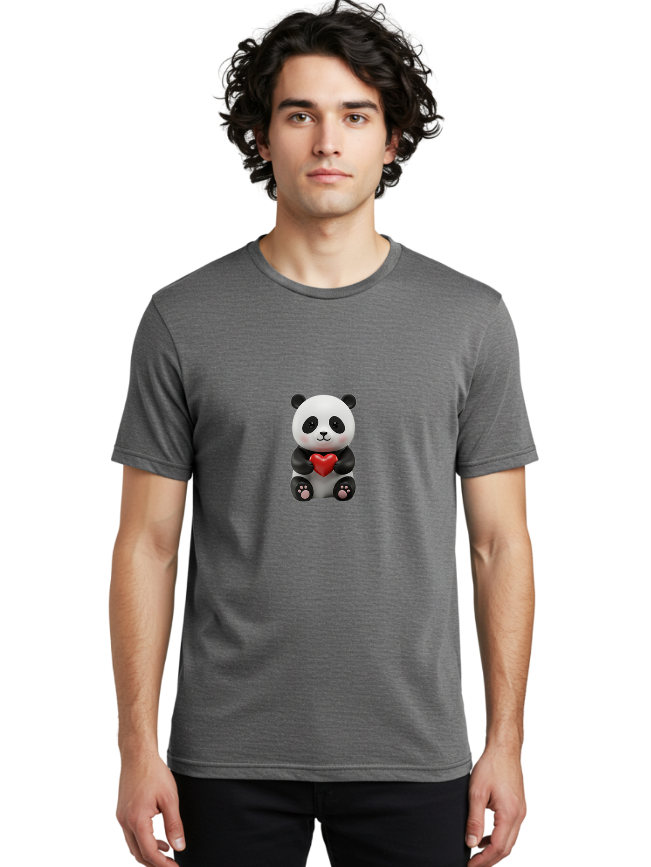 Panda-Holding-Heart-6 Men'S Graphic Tee, 100% Cotton, Comfortable Casual Summer Wear, Machine Washable, Panda Bear, Cartoon Character, Red Heart, Cute Animal, Adorable Creature, Love Symbol, Black And White Panda, 3D Illustration, Kawaii Art, Bae597
