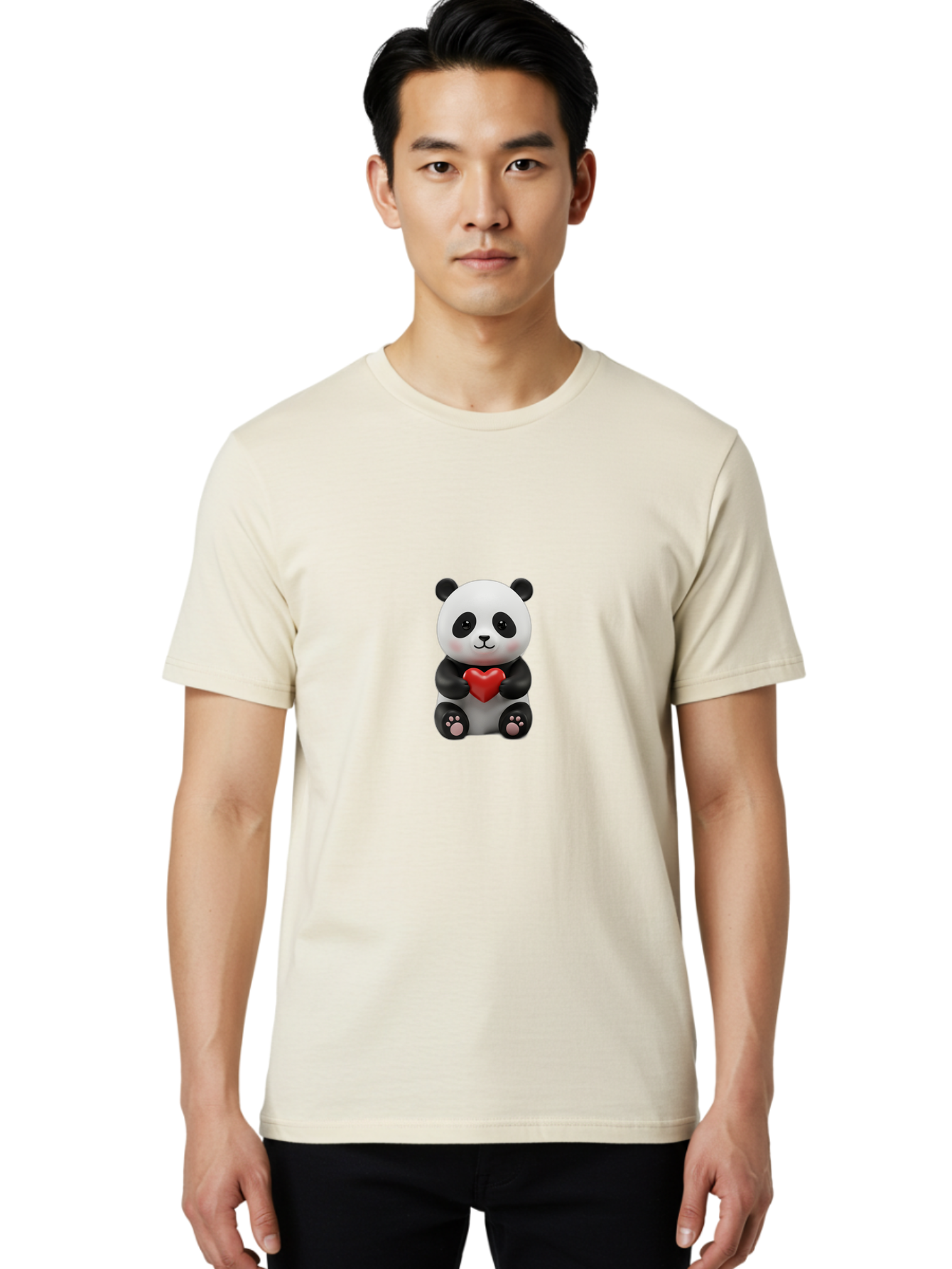 Panda-Holding-Heart-6 Men'S Graphic Tee, 100% Cotton, Comfortable Casual Summer Wear, Machine Washable, Panda Bear, Cartoon Character, Red Heart, Cute Animal, Adorable Creature, Love Symbol, Black And White Panda, 3D Illustration, Kawaii Art, Bae597