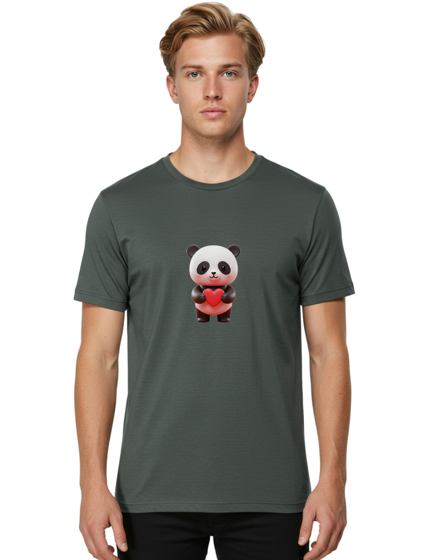 Panda-Holding-Heart-7 Men'S Graphic Tee, 100% Cotton, Comfortable Casual Summer Wear, Machine Washable, Cartoon Panda, Cute Bear, Red Heart, Love Symbol, Adorable Character, 3D Illustration, Kawaii Animal, Heartwarming Scene, Sweet Expression, Bae598