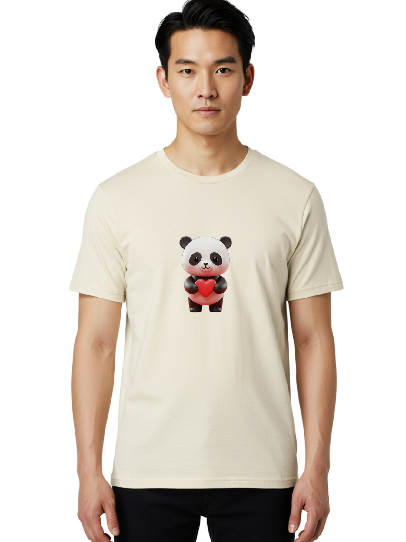 Panda-Holding-Heart-7 Men'S Graphic Tee, 100% Cotton, Comfortable Casual Summer Wear, Machine Washable, Cartoon Panda, Cute Bear, Red Heart, Love Symbol, Adorable Character, 3D Illustration, Kawaii Animal, Heartwarming Scene, Sweet Expression, Bae598