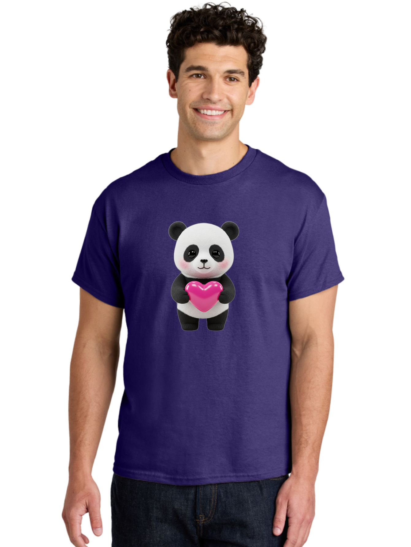 Panda-Holding-Heart Men'S Graphic Tee, 100% Cotton, Comfortable Casual Summer Wear, Machine Washable, Cute Panda, Adorable Cartoon Character, Pink Heart, Love Symbol, Endearing Expression, Plush Toy, Kawaii Animal, Heartwarming Scene, Bae599