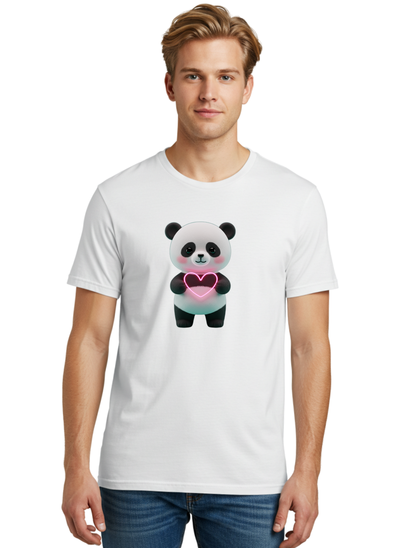 Panda-Holding-Neon-Heart Men'S Graphic Tee, 100% Cotton, Comfortable Casual Summer Wear, Machine Washable, Cute Panda, Heart Symbol, Love Gesture, Neon Heart, Adorable Animal, Cartoon Character, Pink Glow, Sweet Expression, 3D Illustration, Bae600