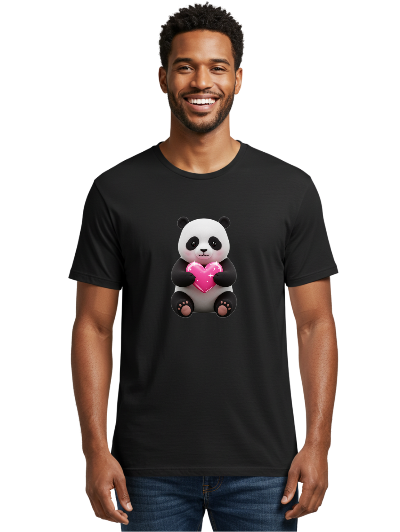 Panda-Holding-Pink-Heart Men'S Graphic Tee, 100% Cotton, Comfortable Casual Summer Wear, Machine Washable, Cute Panda Bear, Holding Pink Heart, Adorable Cartoon Character, Sweet Love Symbol, Sparkly Heart, Soft Paws, Endearing Expression, Bae601