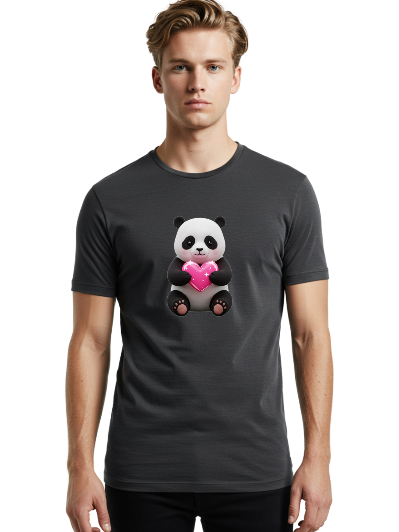 Panda-Holding-Pink-Heart Men'S Graphic Tee, 100% Cotton, Comfortable Casual Summer Wear, Machine Washable, Cute Panda Bear, Holding Pink Heart, Adorable Cartoon Character, Sweet Love Symbol, Sparkly Heart, Soft Paws, Endearing Expression, Bae601