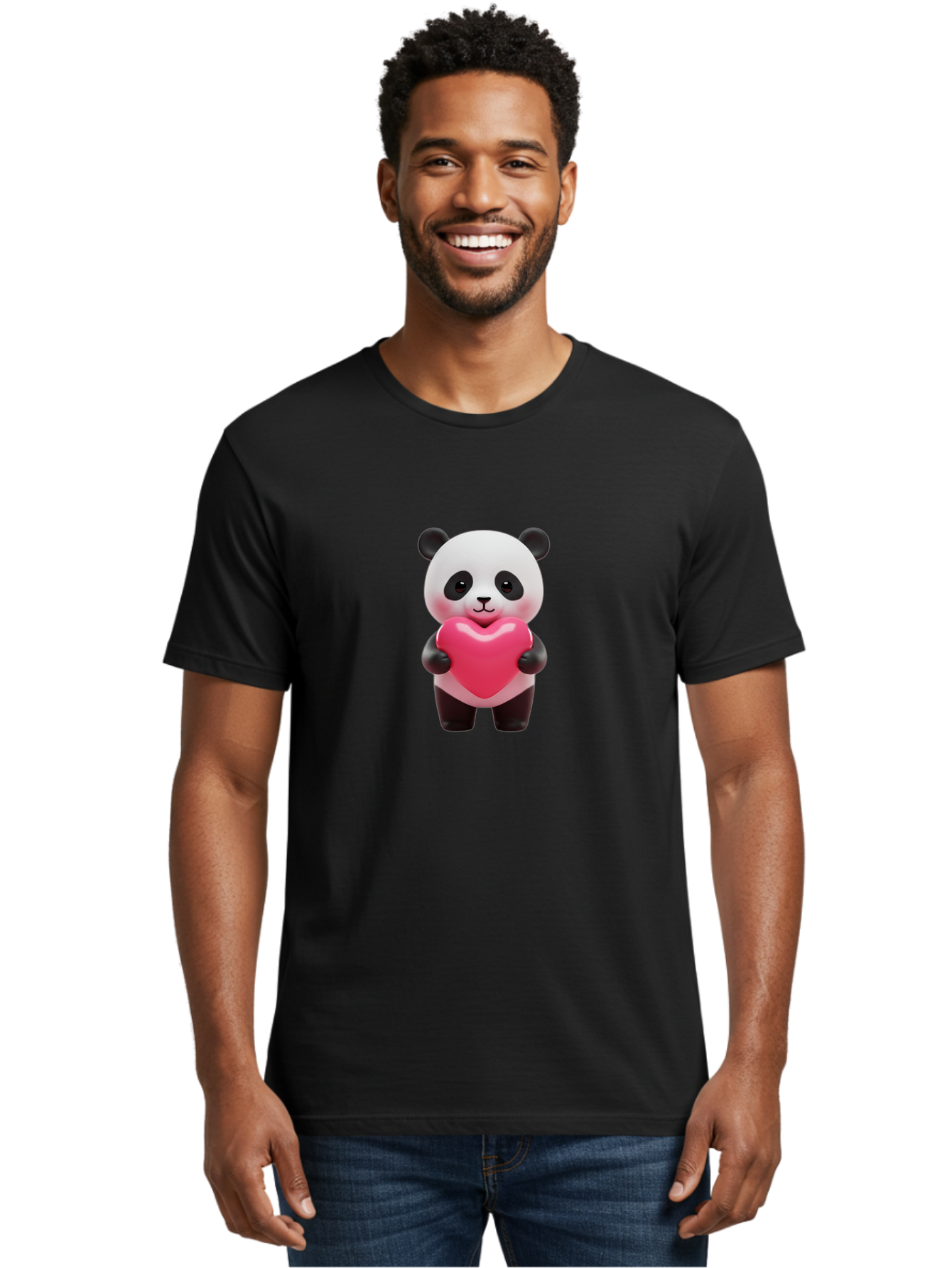 Panda-Hugging-Heart Men'S Graphic Tee, 100% Cotton, Comfortable Casual Summer Wear, Machine Washable, Cute Panda Holding Heart, Adorable Cartoon Character, Pink Heart Symbol, Love And Affection, Black And White Panda Bear, Bae602