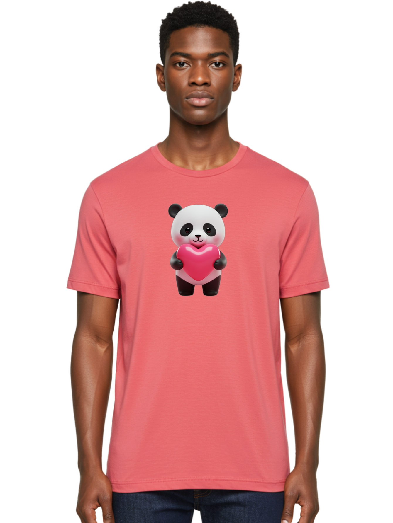 Panda-Hugging-Heart Men'S Graphic Tee, 100% Cotton, Comfortable Casual Summer Wear, Machine Washable, Cute Panda Holding Heart, Adorable Cartoon Character, Pink Heart Symbol, Love And Affection, Black And White Panda Bear, Bae602