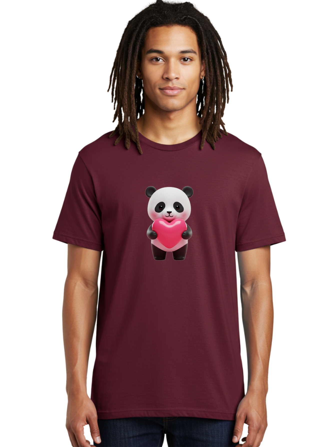 Panda-Hugging-Heart Men'S Graphic Tee, 100% Cotton, Comfortable Casual Summer Wear, Machine Washable, Cute Panda Holding Heart, Adorable Cartoon Character, Pink Heart Symbol, Love And Affection, Black And White Panda Bear, Bae602
