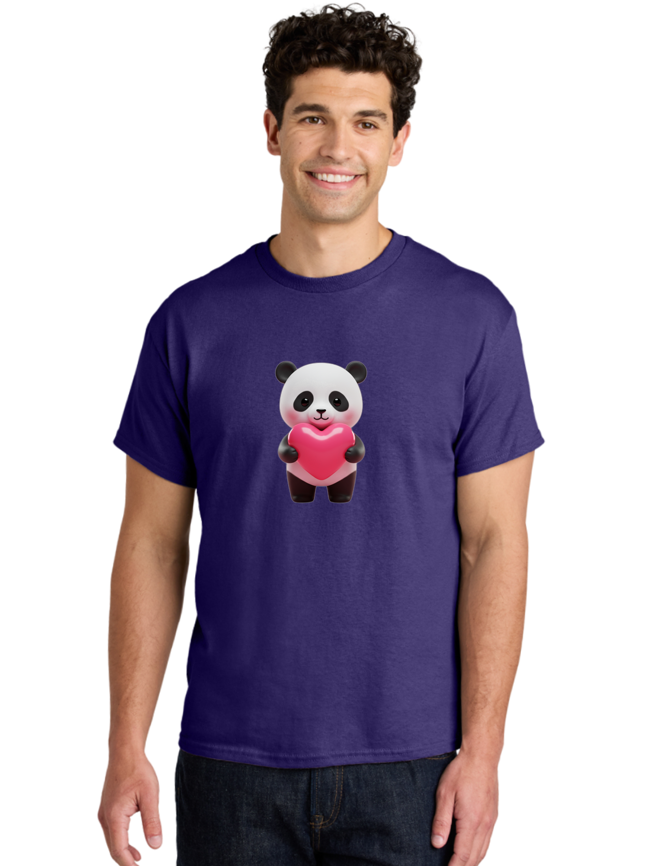 Panda-Hugging-Heart Men'S Graphic Tee, 100% Cotton, Comfortable Casual Summer Wear, Machine Washable, Cute Panda Holding Heart, Adorable Cartoon Character, Pink Heart Symbol, Love And Affection, Black And White Panda Bear, Bae602