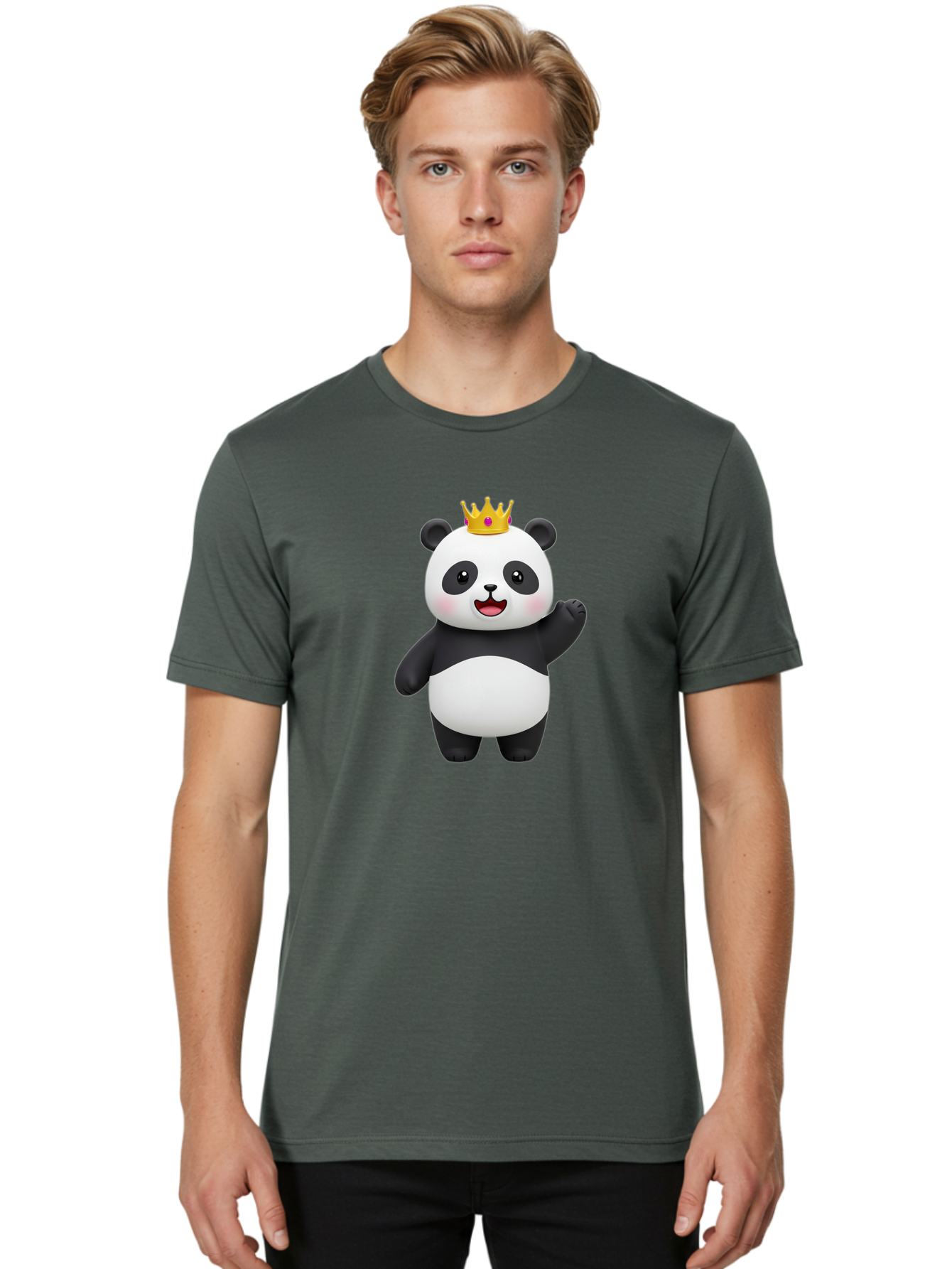 Panda-King Men'S Graphic Tee, 100% Cotton, Comfortable Casual Summer Wear, Machine Washable, Cartoon Panda Bear, Waving Gesture, Golden Crown, Royal Treatment, Cute Expression, Adorable Character, 3D Illustration, Panda With Crown, Bae603