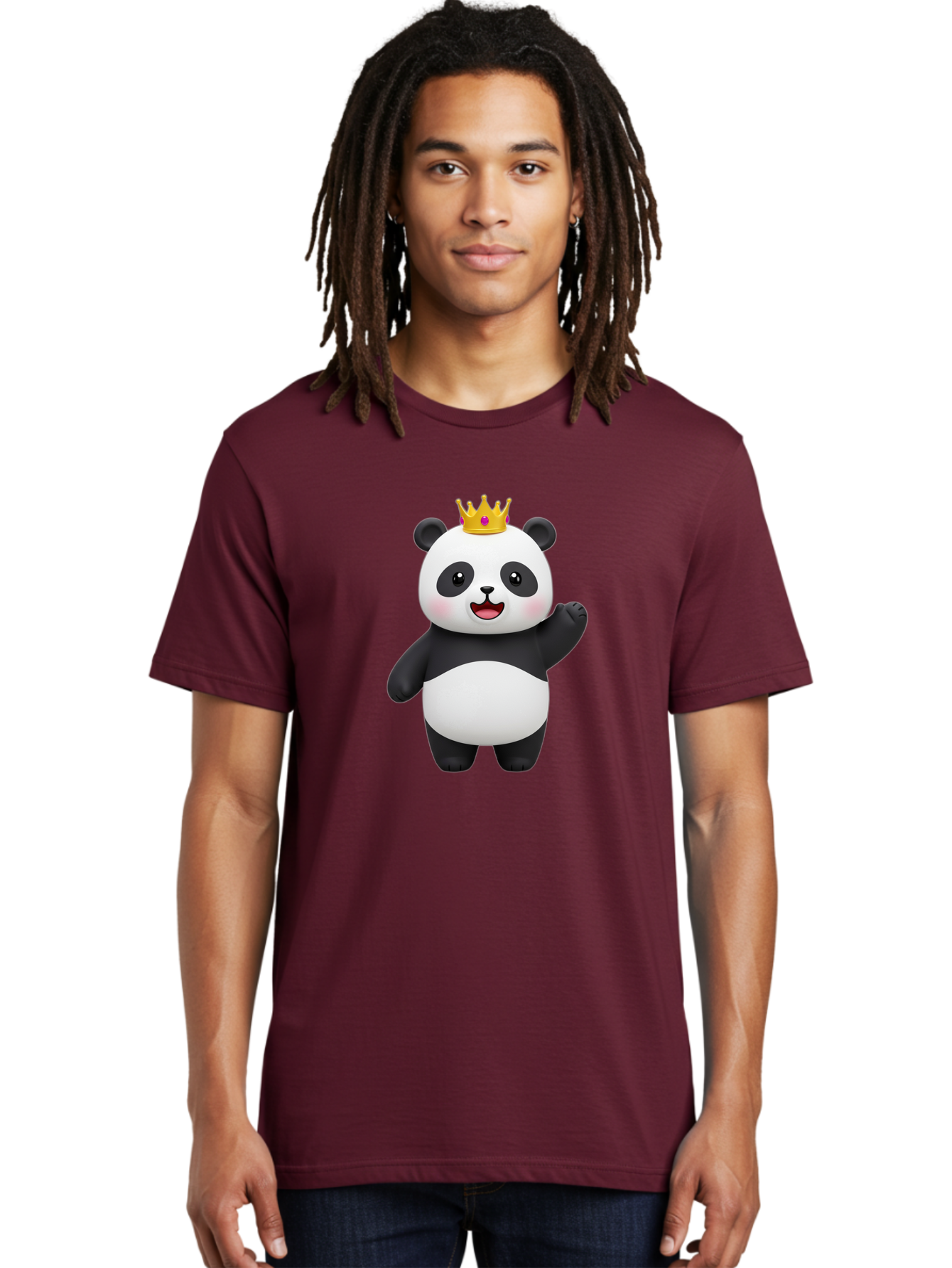 Panda-King Men'S Graphic Tee, 100% Cotton, Comfortable Casual Summer Wear, Machine Washable, Cartoon Panda Bear, Waving Gesture, Golden Crown, Royal Treatment, Cute Expression, Adorable Character, 3D Illustration, Panda With Crown, Bae603