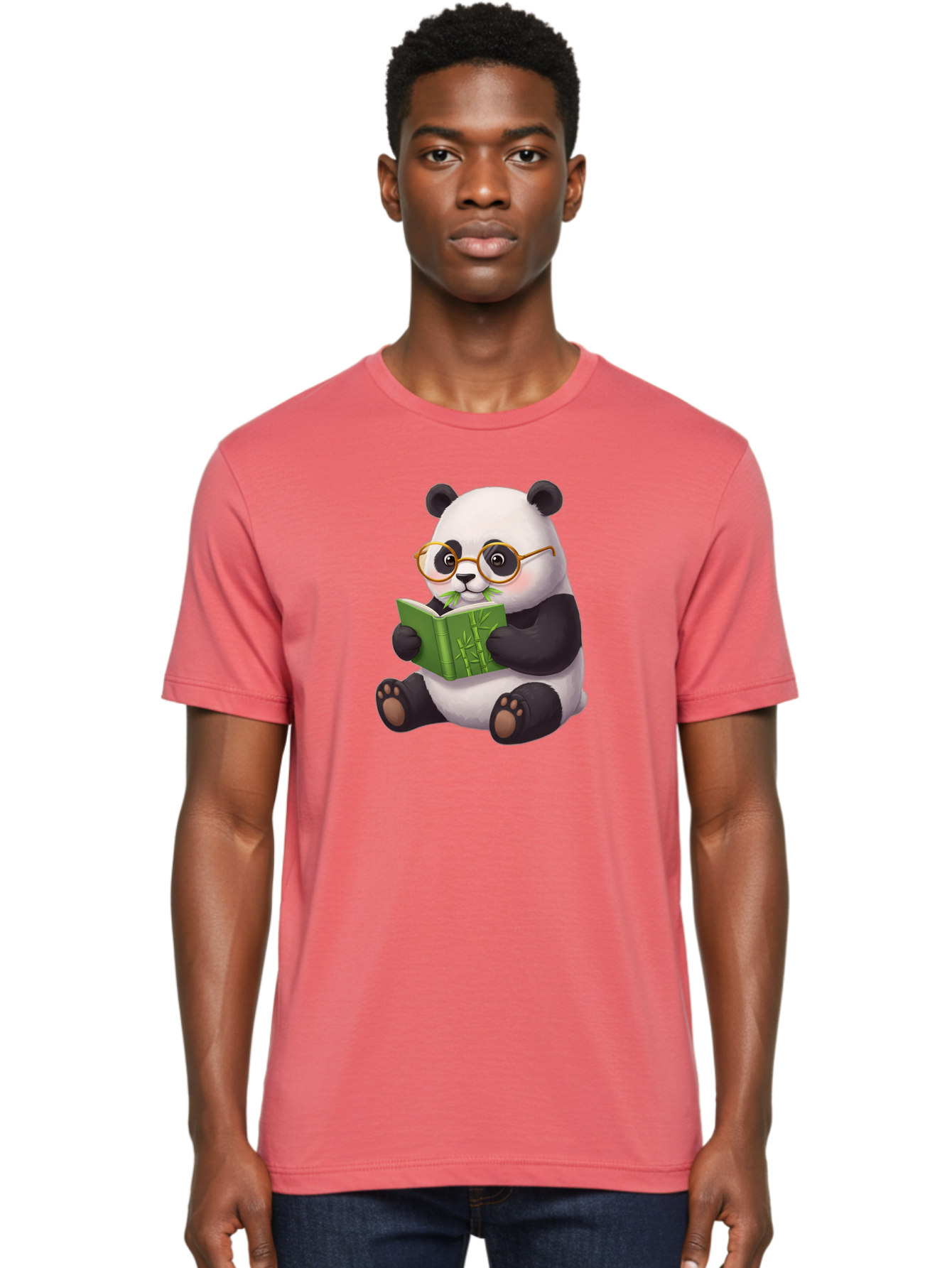 Panda-Reading Men'S Graphic Tee, 100% Cotton, Comfortable Casual Summer Wear, Machine Washable, Cartoon Panda, Reading A Book, Glasses, Cute Animal, Bamboo, Playful Illustration, Relaxed Atmosphere, Fun Character, Adorable Bae604