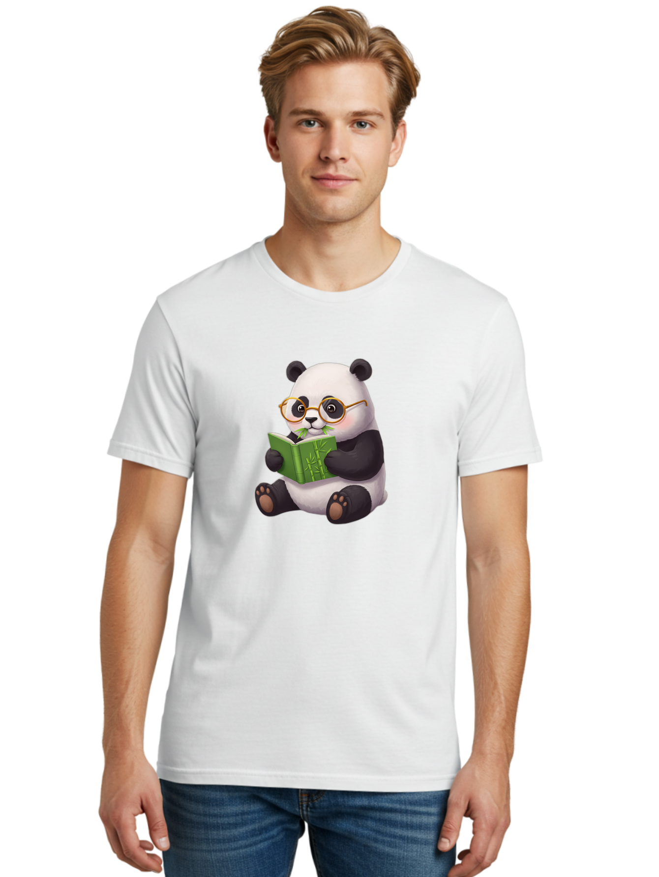 Panda-Reading Men'S Graphic Tee, 100% Cotton, Comfortable Casual Summer Wear, Machine Washable, Cartoon Panda, Reading A Book, Glasses, Cute Animal, Bamboo, Playful Illustration, Relaxed Atmosphere, Fun Character, Adorable Bae604