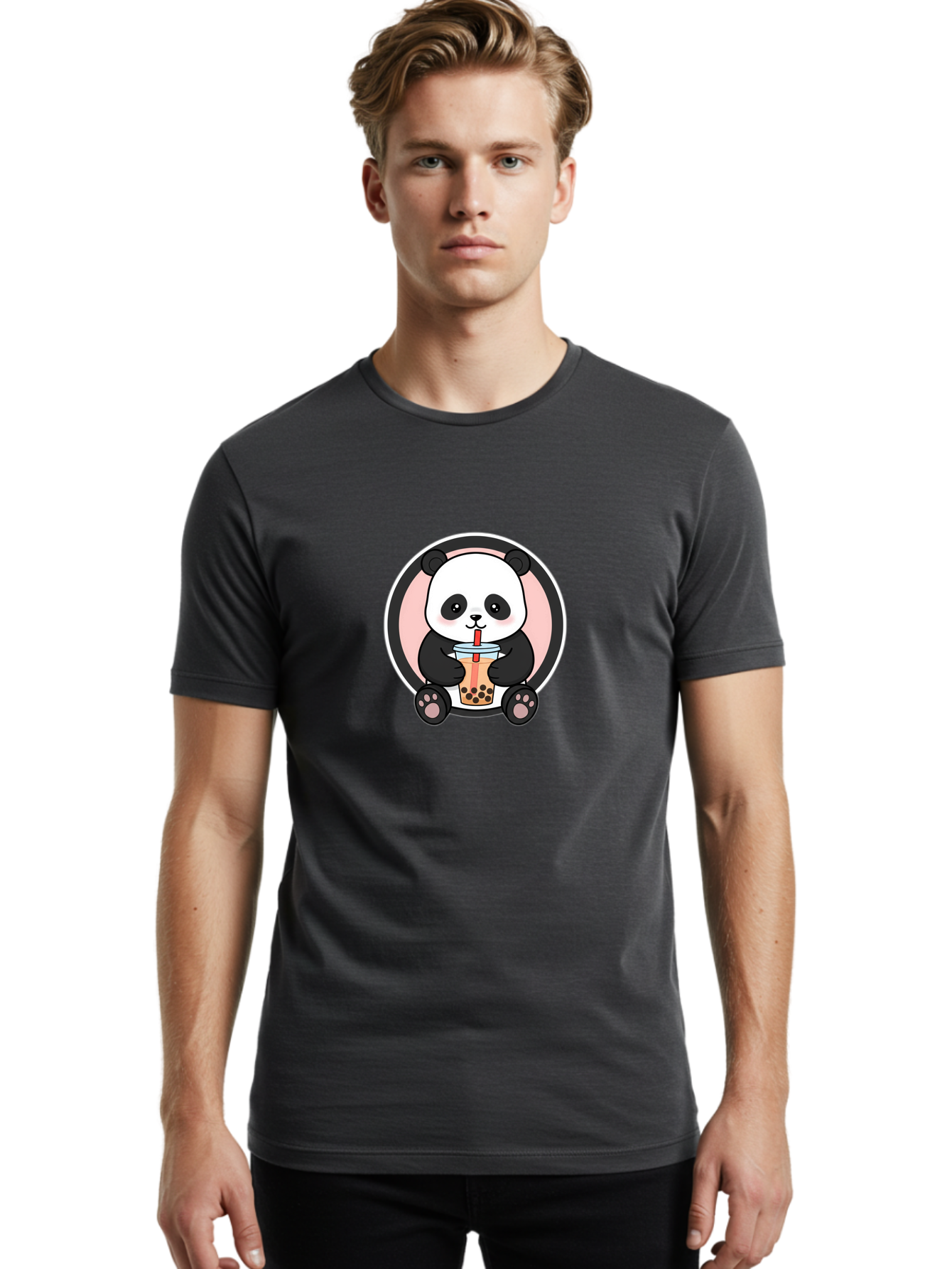 Panda-Sipping-Bubble-Tea Men'S Graphic Tee, 100% Cotton, Comfortable Casual Summer Wear, Machine Washable, Cartoon Panda, Dj Headphones, Bubble Tea, Milk Tea, Boba Drink, Kawaii Character, Cute Animal, Fun Design, Playful Illustration, Bae605