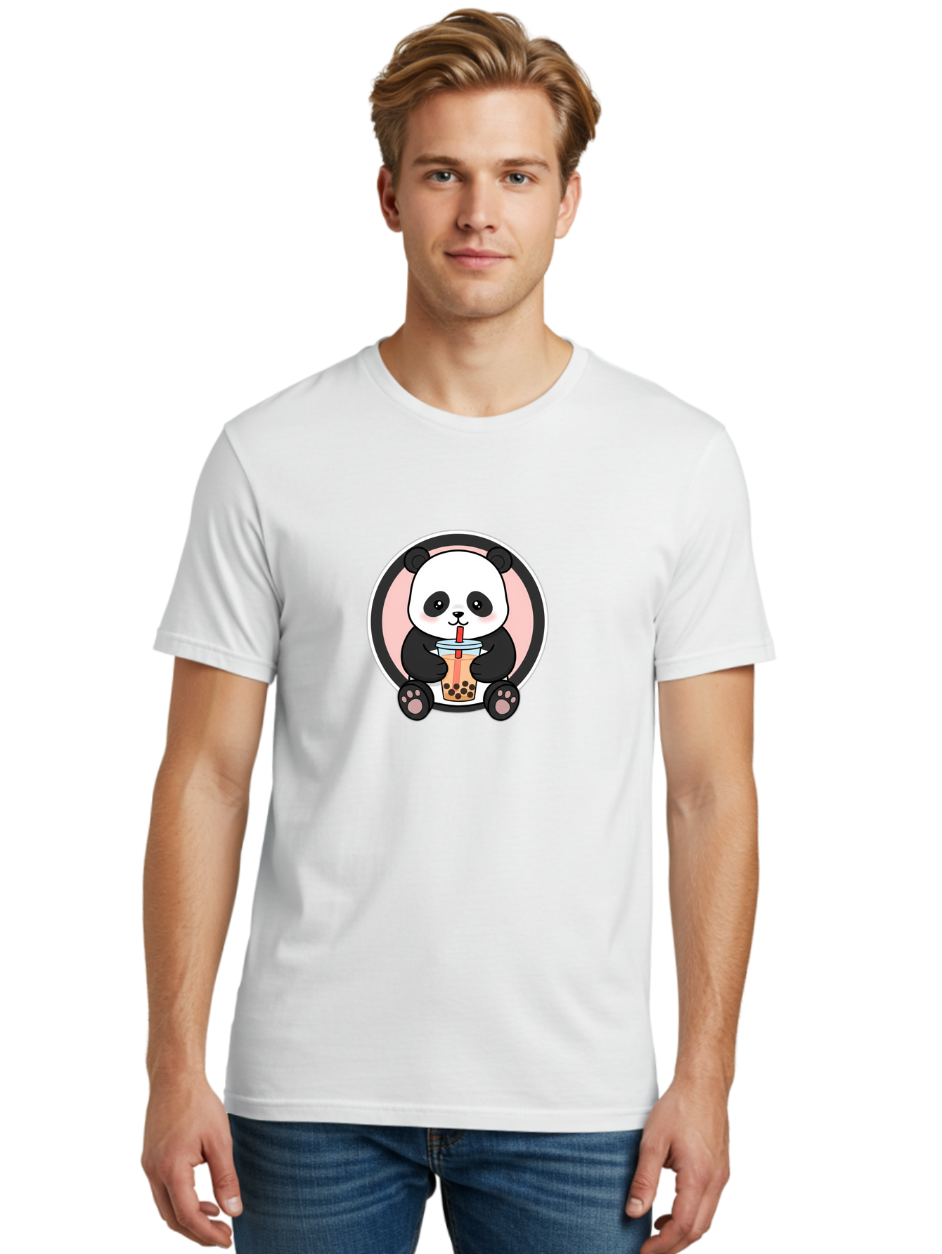 Panda-Sipping-Bubble-Tea Men'S Graphic Tee, 100% Cotton, Comfortable Casual Summer Wear, Machine Washable, Cartoon Panda, Dj Headphones, Bubble Tea, Milk Tea, Boba Drink, Kawaii Character, Cute Animal, Fun Design, Playful Illustration, Bae605