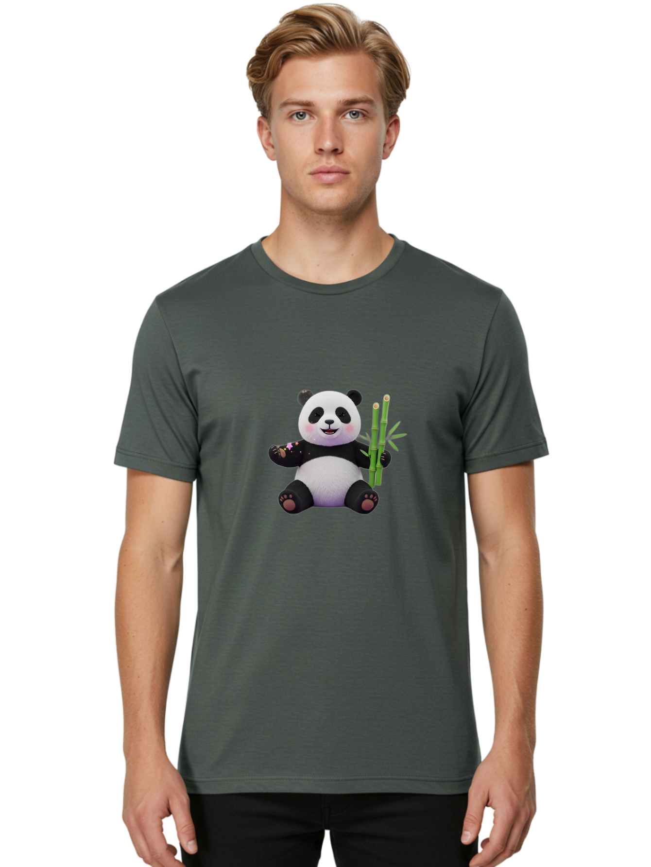 Panda-With-Bamboo-1 Men'S Graphic Tee, 100% Cotton, Comfortable Casual Summer Wear, Machine Washable, Cartoon Panda, Adorable Bear, Black And White Fur, Cute Expression, Bamboo Shoots, Sushi Roll, Funny Character, Playful Design, Kawaii Style Bae606