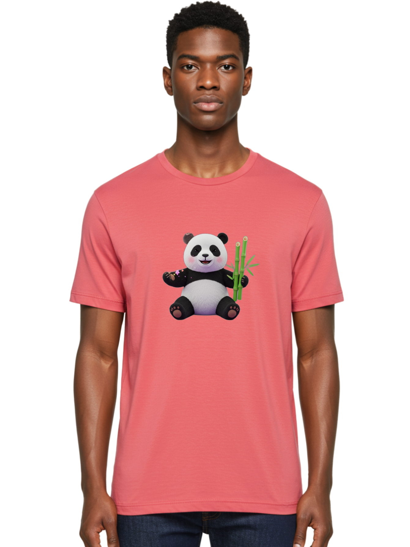 Panda-With-Bamboo-1 Men'S Graphic Tee, 100% Cotton, Comfortable Casual Summer Wear, Machine Washable, Cartoon Panda, Adorable Bear, Black And White Fur, Cute Expression, Bamboo Shoots, Sushi Roll, Funny Character, Playful Design, Kawaii Style Bae606