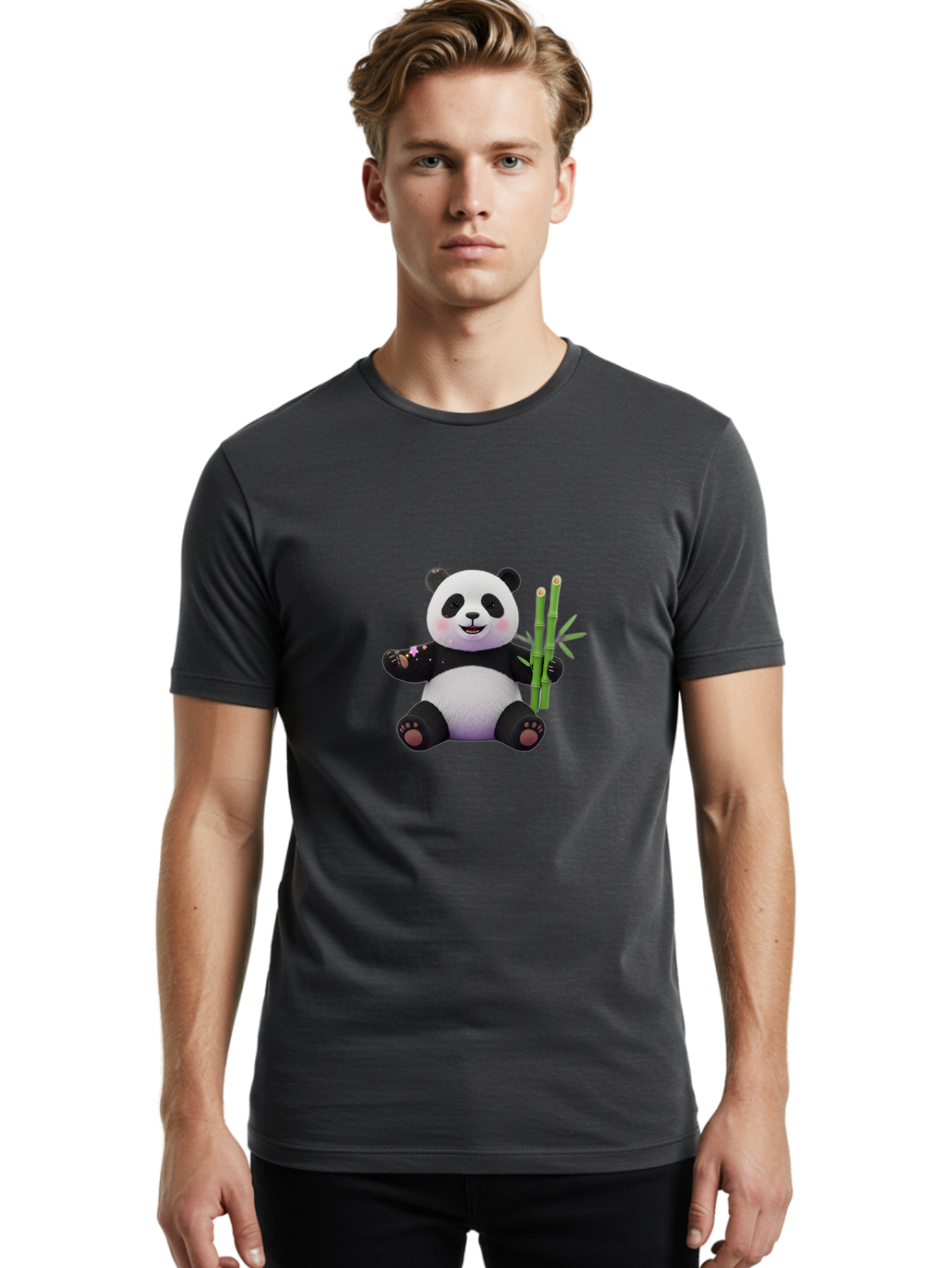 Panda-With-Bamboo-1 Men'S Graphic Tee, 100% Cotton, Comfortable Casual Summer Wear, Machine Washable, Cartoon Panda, Adorable Bear, Black And White Fur, Cute Expression, Bamboo Shoots, Sushi Roll, Funny Character, Playful Design, Kawaii Style Bae606