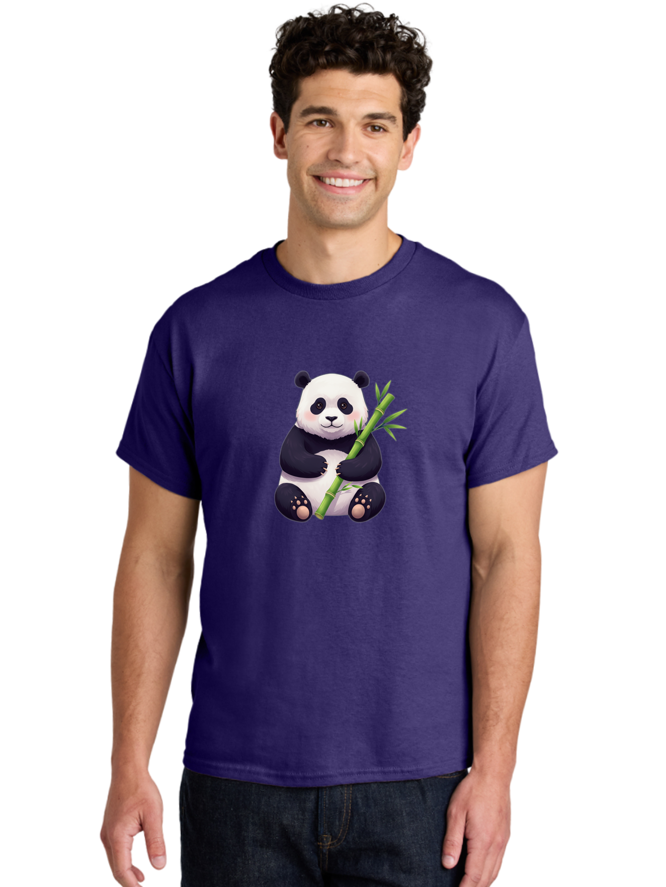 Panda-With-Bamboo Men'S Graphic Tee, 100% Cotton, Comfortable Casual Summer Wear, Machine Washable, Cartoon Panda, Giant Panda, Bamboo, Cute Animal, Black And White Fur, Adorable, Charming, Animal Lover, Wildlife, Conservation Bae607