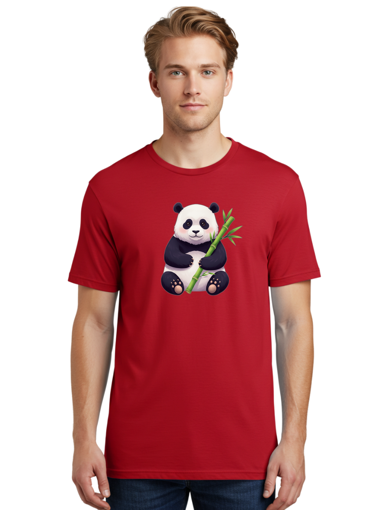 Panda-With-Bamboo Men'S Graphic Tee, 100% Cotton, Comfortable Casual Summer Wear, Machine Washable, Cartoon Panda, Giant Panda, Bamboo, Cute Animal, Black And White Fur, Adorable, Charming, Animal Lover, Wildlife, Conservation Bae607