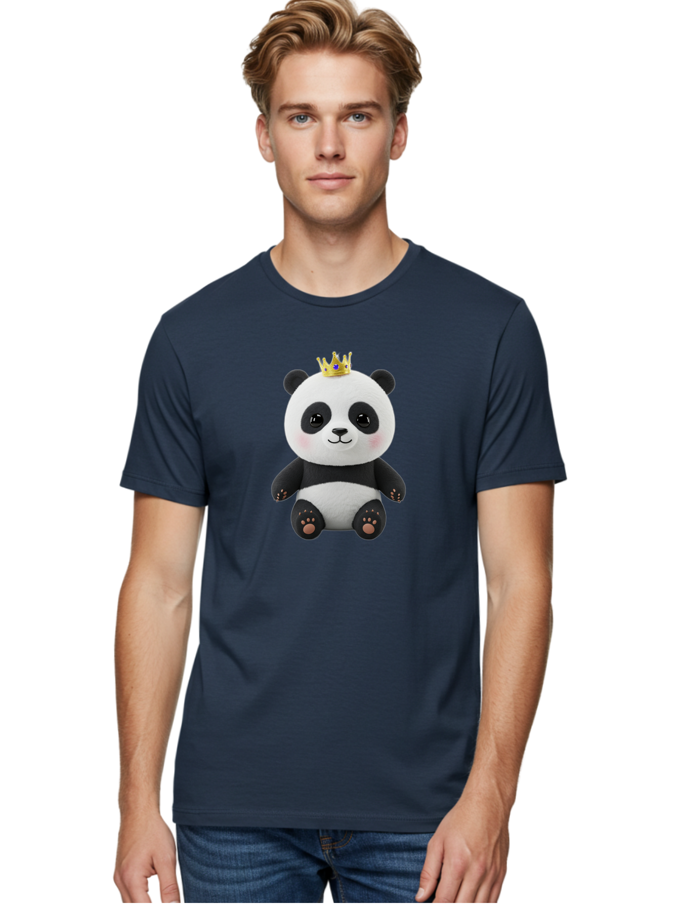 Panda-With-Crown-1 Men'S Graphic Tee, 100% Cotton, Comfortable Casual Summer Wear, Machine Washable, Cute Panda Bear, Plush Toy, Crown On Head, Adorable Face, Soft Toy, Black And White Panda, Crown Jewel, Royal Treatment, Baby Panda, Bae608