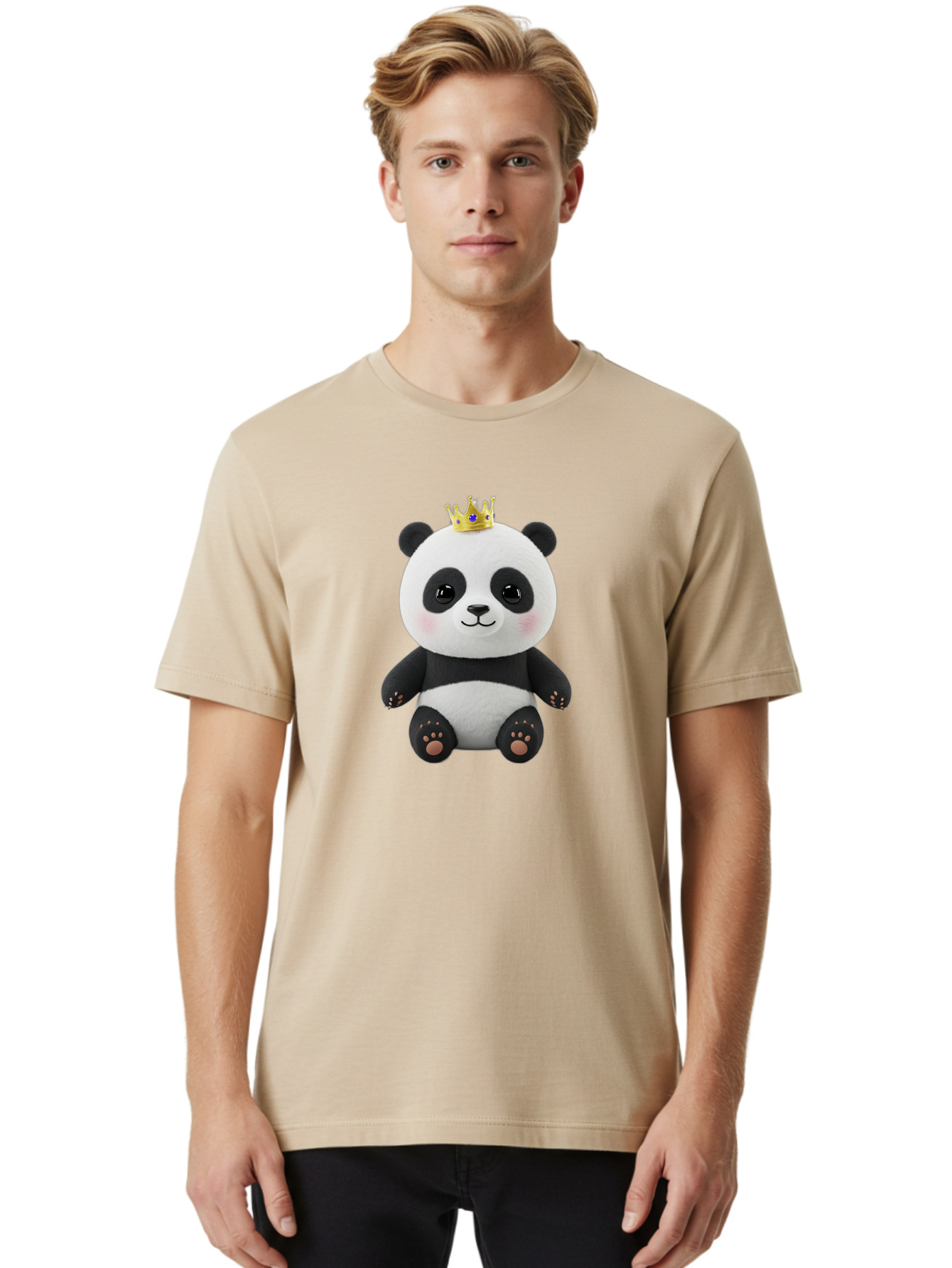 Panda-With-Crown-1 Men'S Graphic Tee, 100% Cotton, Comfortable Casual Summer Wear, Machine Washable, Cute Panda Bear, Plush Toy, Crown On Head, Adorable Face, Soft Toy, Black And White Panda, Crown Jewel, Royal Treatment, Baby Panda, Bae608