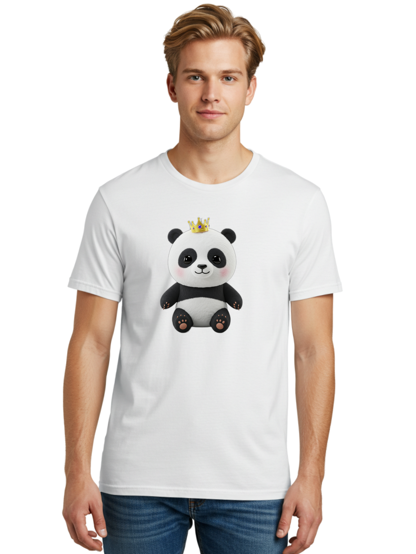 Panda-With-Crown-1 Men'S Graphic Tee, 100% Cotton, Comfortable Casual Summer Wear, Machine Washable, Cute Panda Bear, Plush Toy, Crown On Head, Adorable Face, Soft Toy, Black And White Panda, Crown Jewel, Royal Treatment, Baby Panda, Bae608