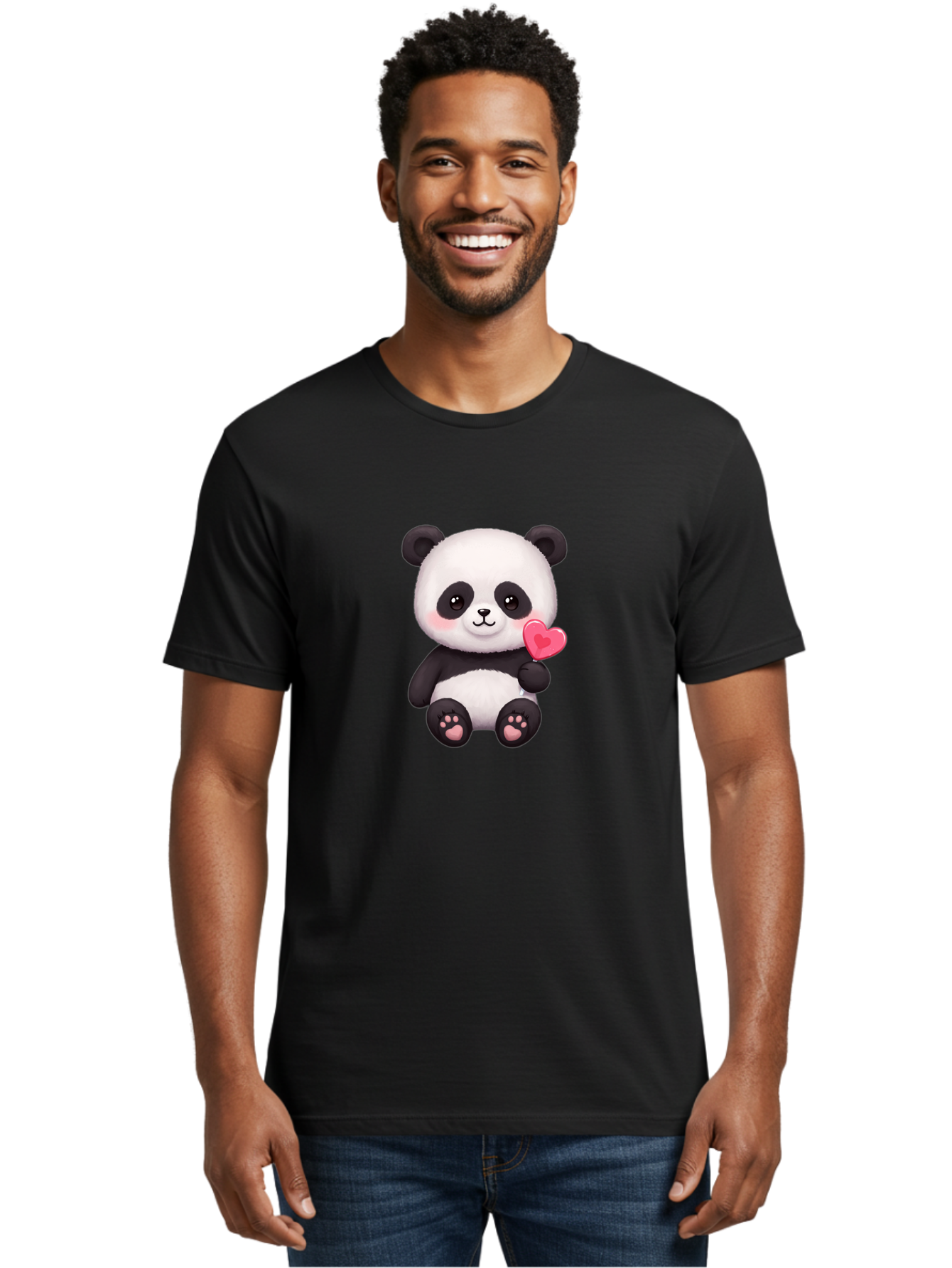 Panda-With-Heart-2 Men'S Graphic Tee, 100% Cotton, Comfortable Casual Summer Wear, Machine Washable, Cute Panda Bear, Holding Heart, Adorable Animal, Cartoon Character, Pink Heart, Love Symbol, Kawaii Illustration, Fuzzy Texture, Bae620
