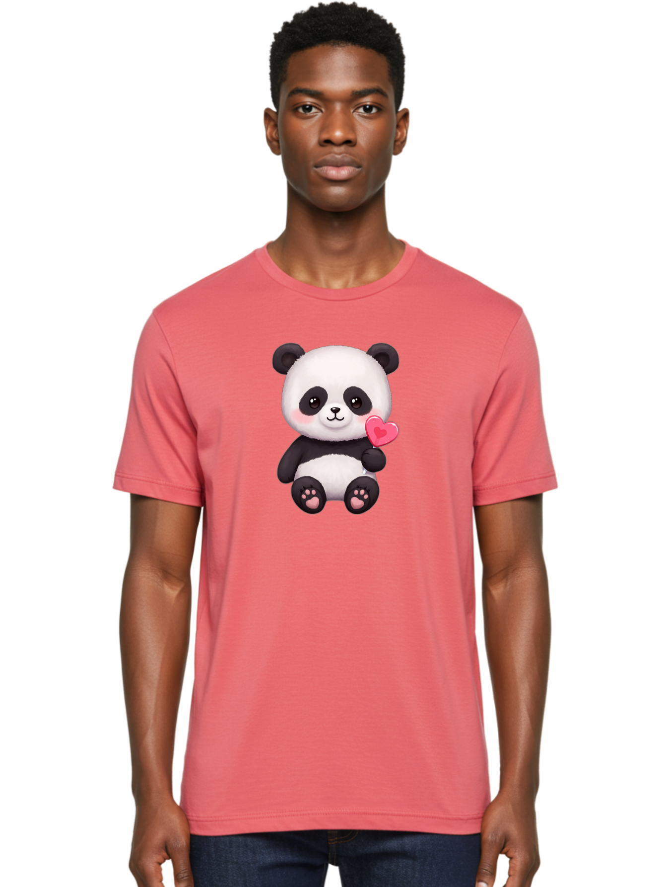 Panda-With-Heart-2 Men'S Graphic Tee, 100% Cotton, Comfortable Casual Summer Wear, Machine Washable, Cute Panda Bear, Holding Heart, Adorable Animal, Cartoon Character, Pink Heart, Love Symbol, Kawaii Illustration, Fuzzy Texture, Bae620