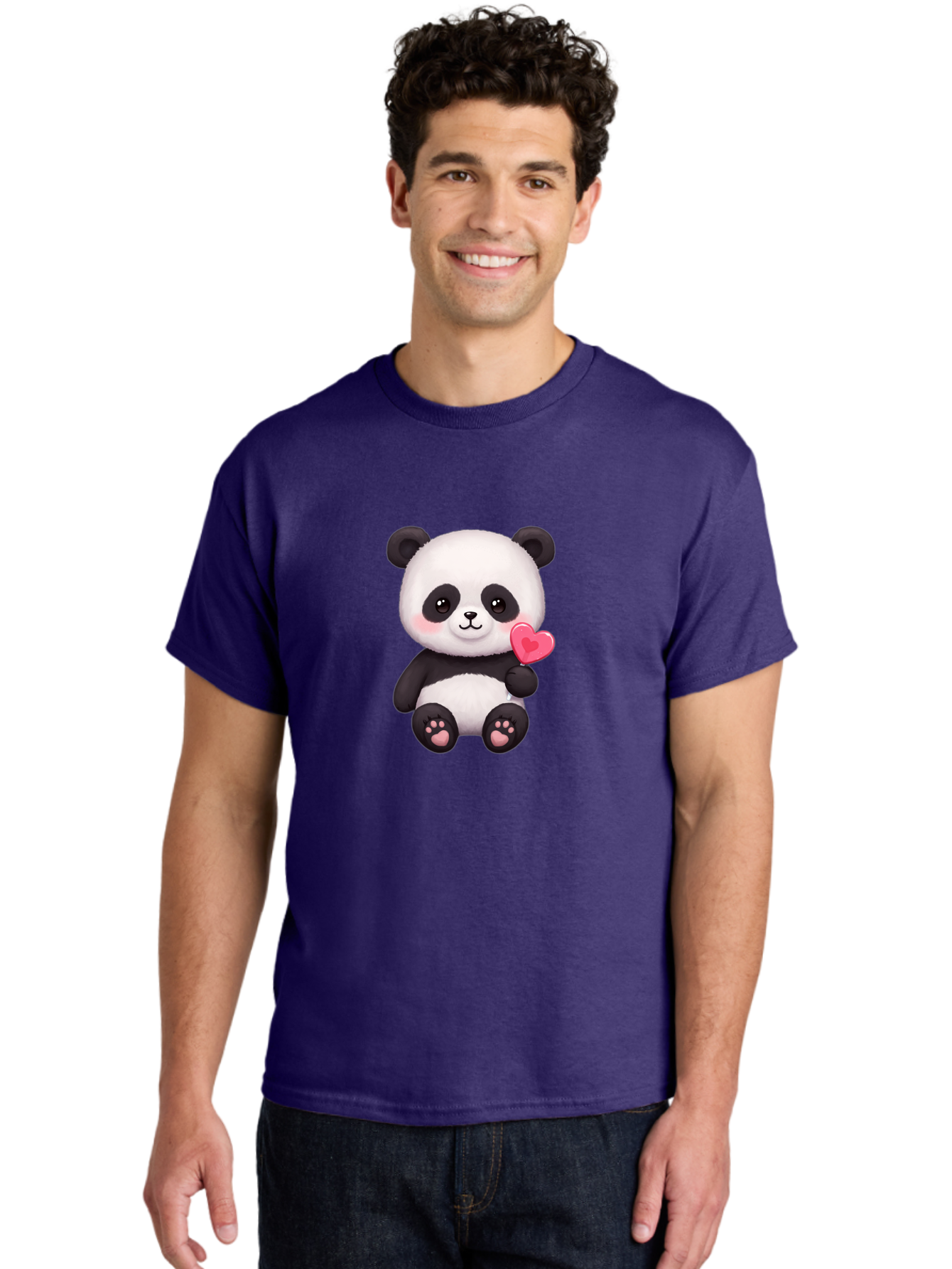 Panda-With-Heart-2 Men'S Graphic Tee, 100% Cotton, Comfortable Casual Summer Wear, Machine Washable, Cute Panda Bear, Holding Heart, Adorable Animal, Cartoon Character, Pink Heart, Love Symbol, Kawaii Illustration, Fuzzy Texture, Bae620